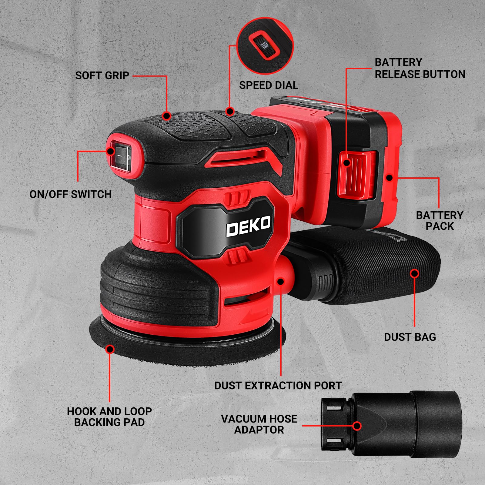 Levigatrice Orbitale a Batteria: DEKOPRO Levigatrice Rotorbitale con 1 Batteria 2000mAh, Orbitale per Legno da 125 mm, 13000 RPM, con Sacchetto per la Polvere e 15 Fogli di Carta Vetrata Rosso