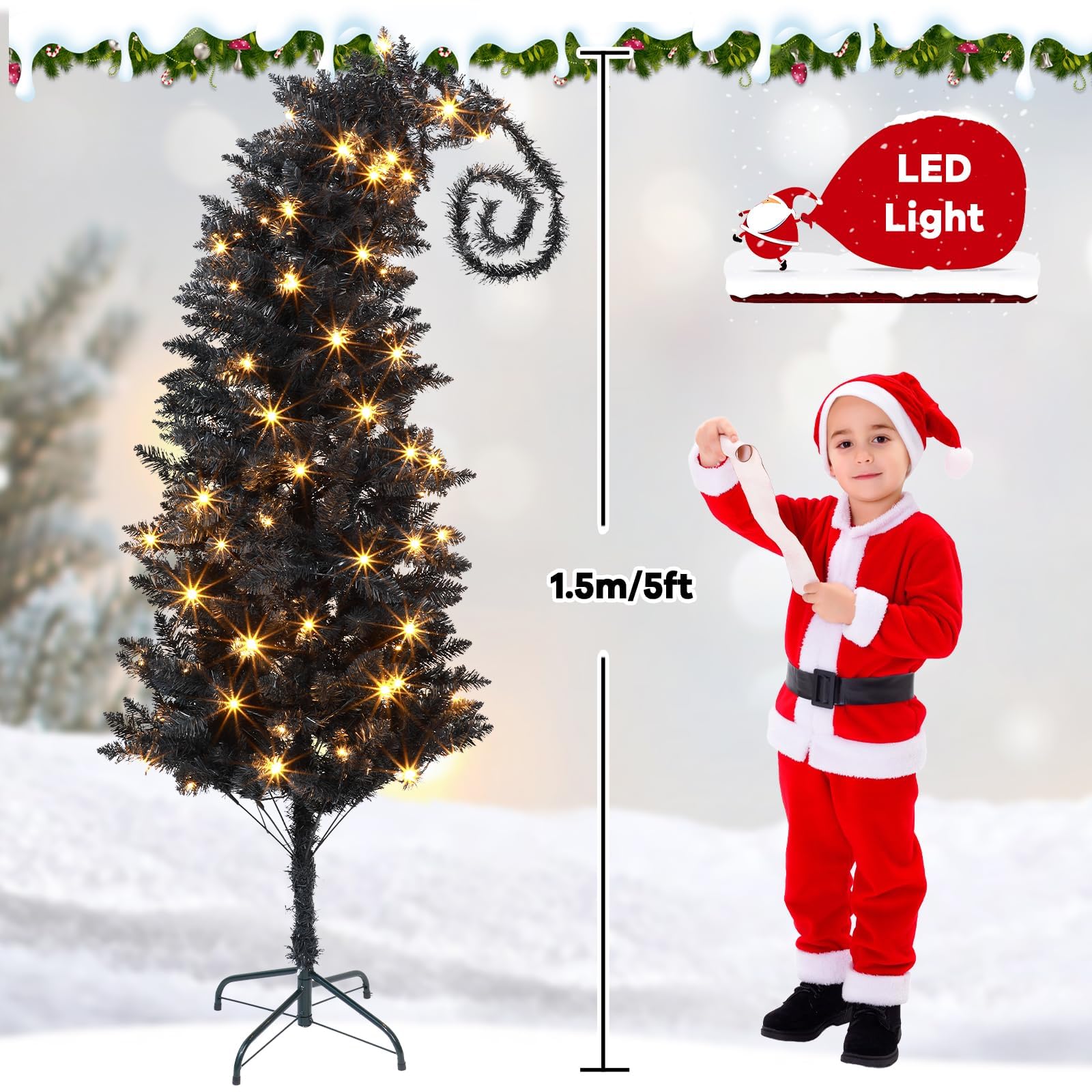 UL588 Sapin de Noël artificiel pliable de 1,5 m avec support – Sapin de Noël pliable avec branche – Sapins de Noël en plastique – Décorations de fête de Noël – Fournitures pour salon, maison et bureau