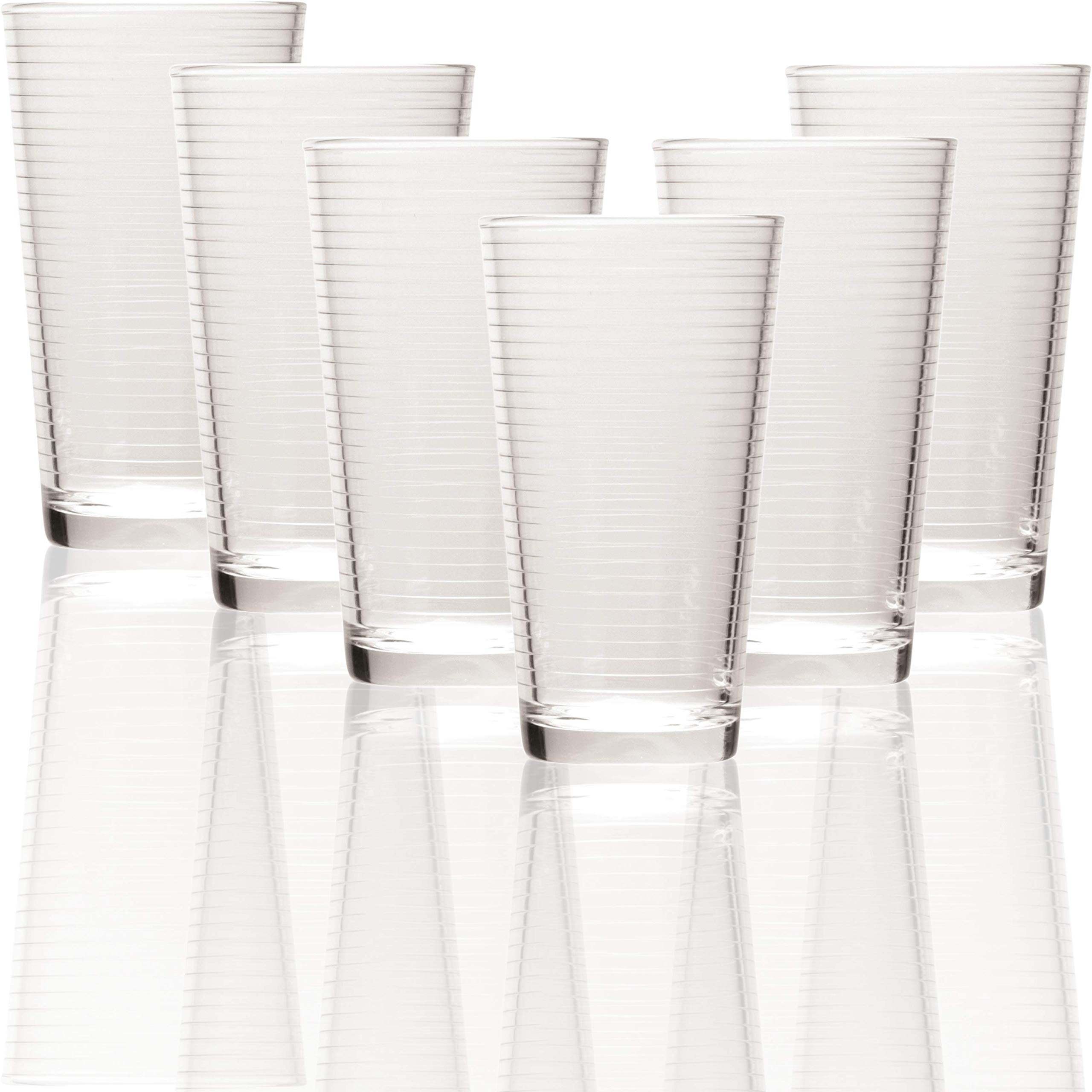 CirclewareHoop Highball Tumbler Drinking Glasses, Set of 6, Kitchen Entertainment Heavy Ice Tea Beverage Cups Glassware for Water, Beer, Juice, Bar Liquor Farmhouse Decor, 15.7 oz, Clear