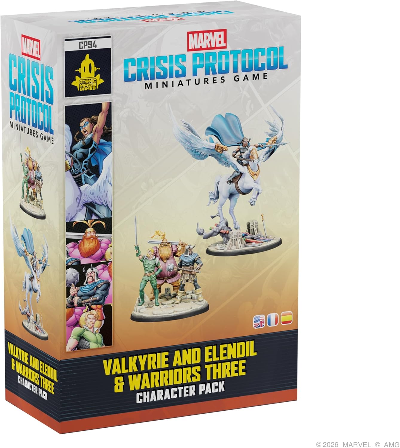 Asmodee Marvel: Crisis Protocol Valkyrie on Elendil & Warriors Three Character Pack -Mounted Valkyrie & Fandral, Hogun, Volstagg, Tabletop Superhero Game, Ages 14+, 2 Players, 90 Minute Playtime