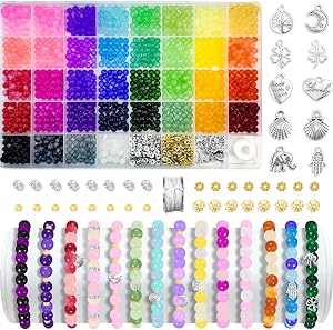 1300Pcs 6mm Glass Beads for Bracelet, 36 Colors Round Beads for Jewelry Making Kit with Crystal Gemstones, Spacer Beads and Elastic String, DIY Art Crafts Accessories, Holiday & Birthday Gift