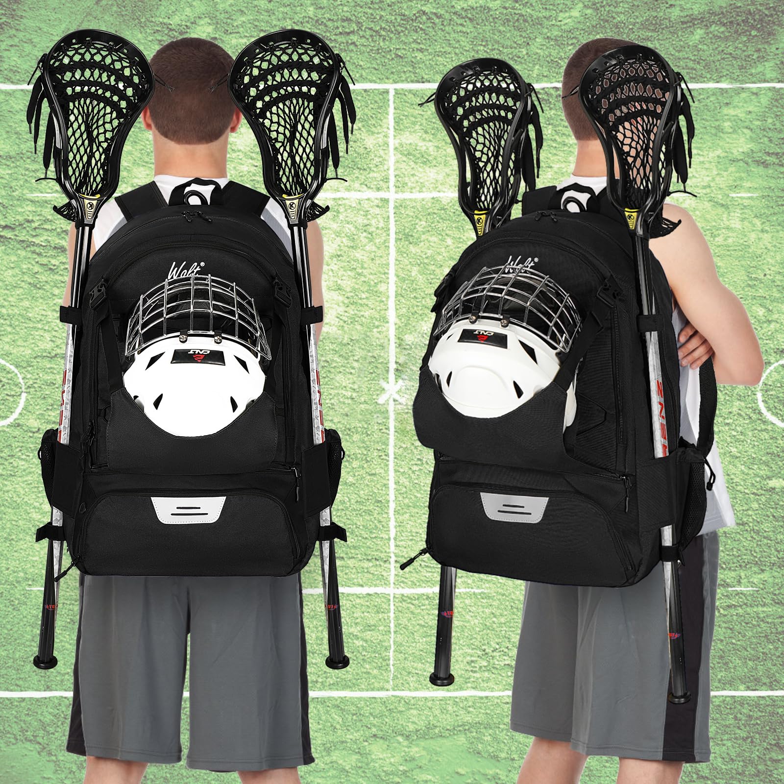 WOLT Lacrosse Bag-Lacrosse Backpack with Two Sticks Holder-Large Field Hockey Bag Holds All Sport Gears