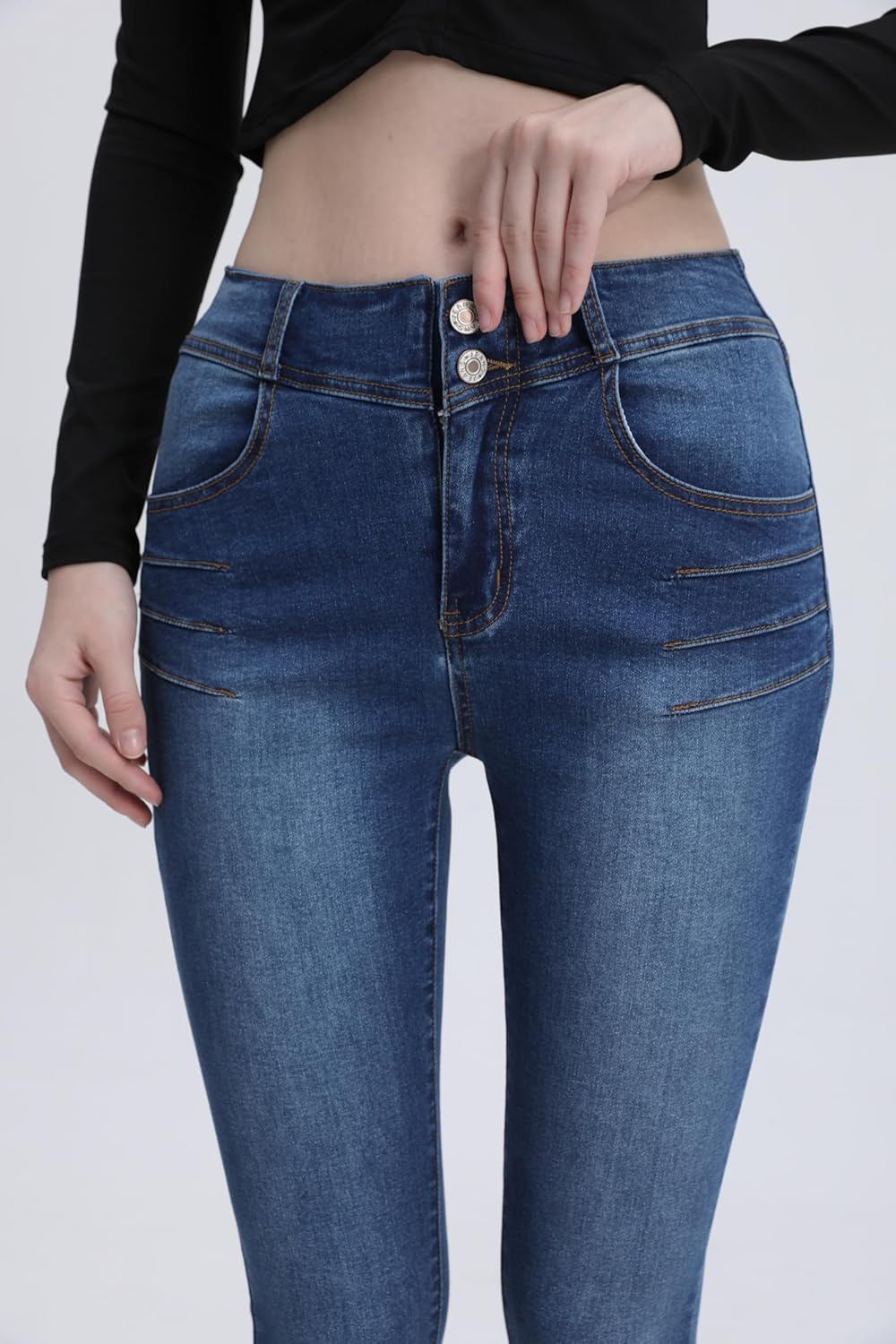 Women's Skinny Jeans High Waisted Stretch Blue Wash, Double Button Closure Denim Pants - Image 8