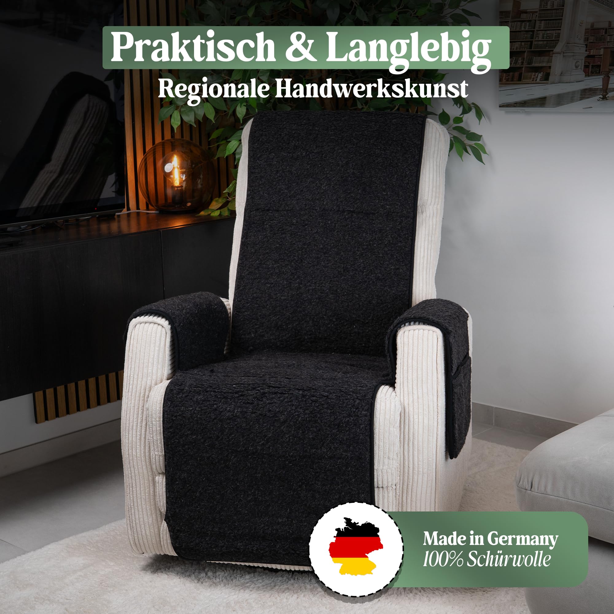 Novaliv Sesselschoner für Relaxsessel Anthrazit - Universeller Sesselschoner mit Armlehne und Fußteil - Schonender Sessel Bezug aus Schurwolle Sesselbezug Relaxsessel Sesselauflage Sesselüberwurf