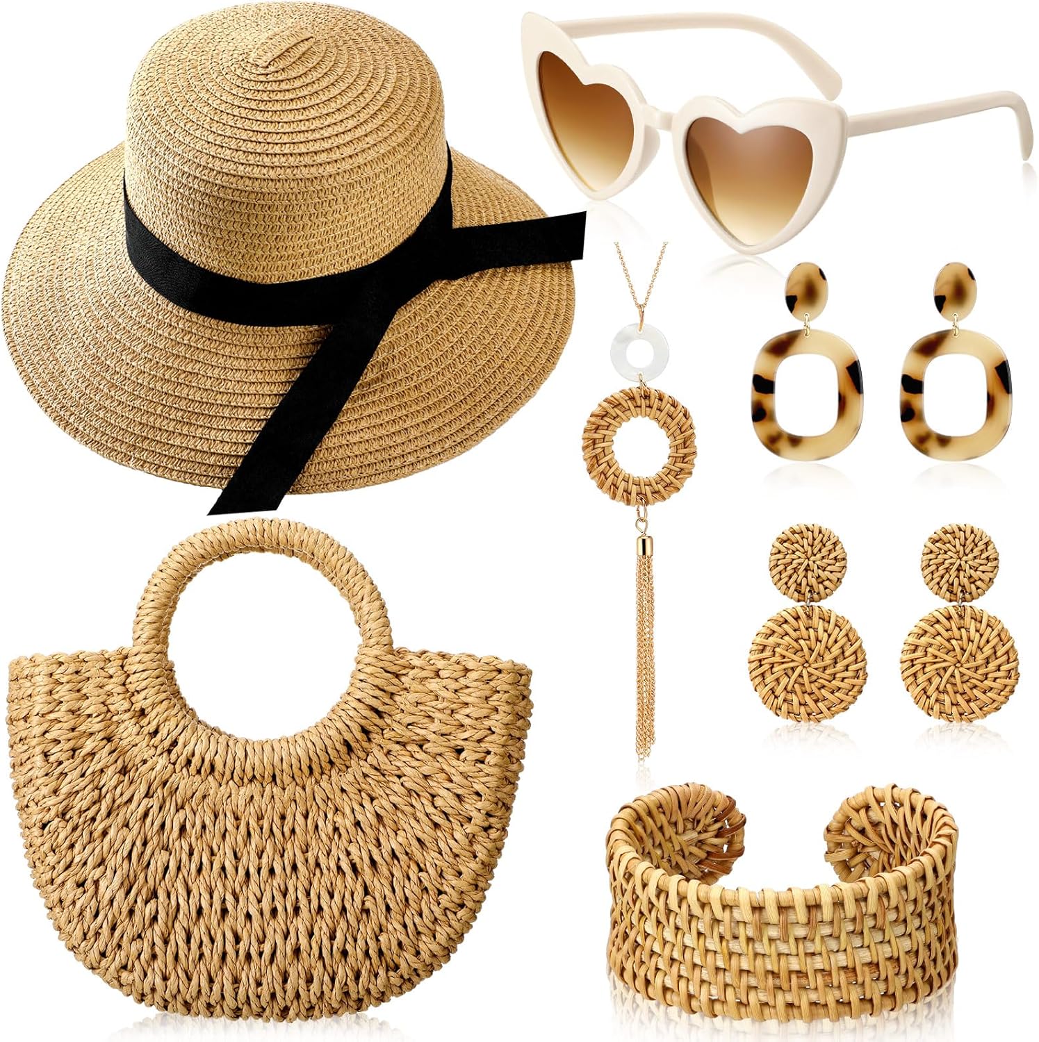 Twistover 7 Pcs Summer Beach Rattan Jewelry Set for Women Vacation Tropical Sun Straw Beach Hat Sunglasses Mini Semi Circle Rattan Straw Bag Bohemia Long Necklace and Earrings Bracelet