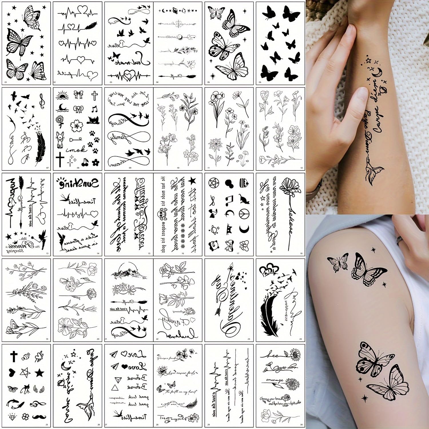 S.A.V.I 30 Pcs Black Temporary Tattoos for Women Girls – Waterproof, Safe & Non-Toxic Body Art Stickers | Minimalist Floral, Butterfly, Quote Designs | Easy to Apply & Remove | Skin-Friendly - 9.7x5.7 cm (02)-image-43