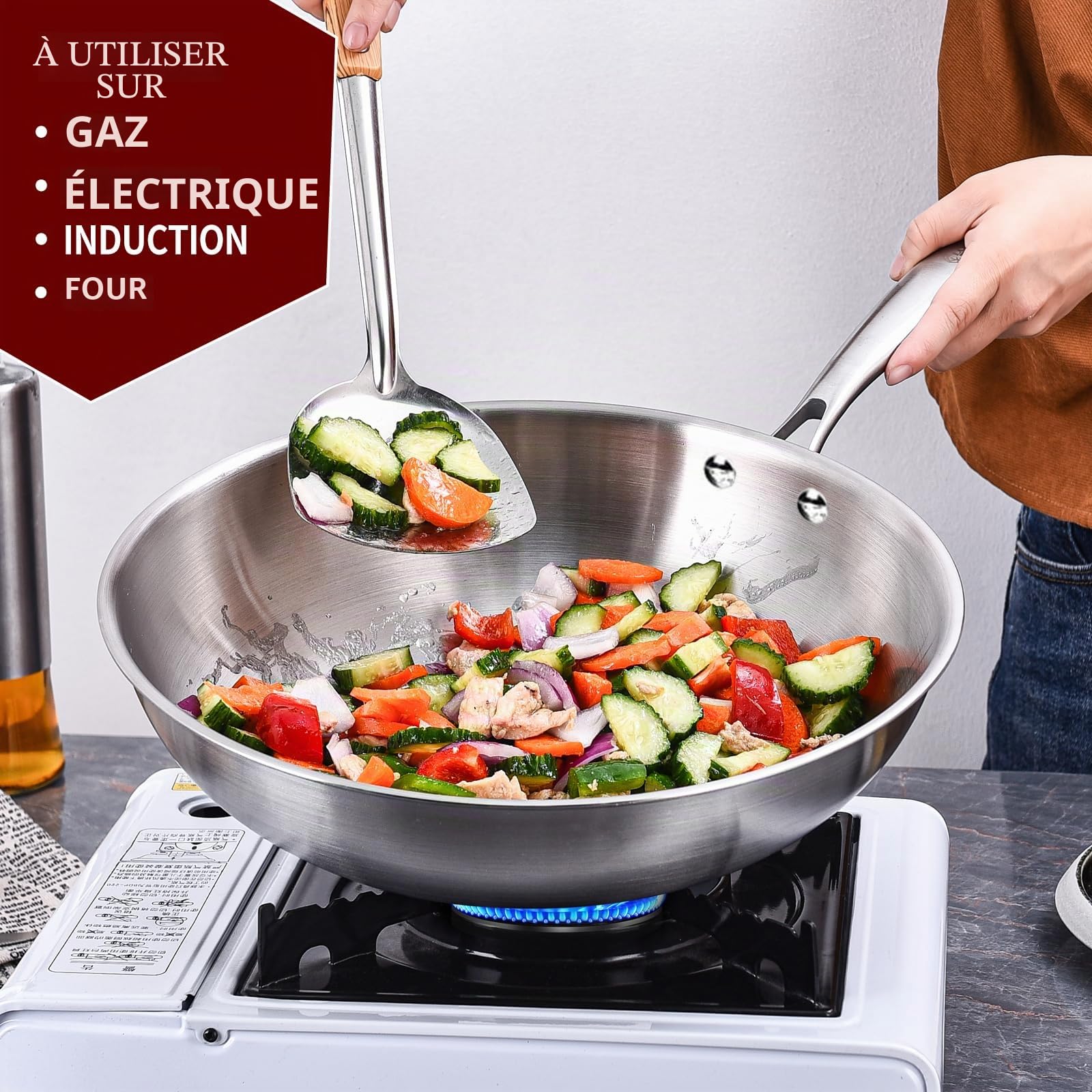 LOLYKITCH Wok Inox 26 cm, Sans Revêtement, Induction, Tous Feux, Four et Lave-Vaisselle