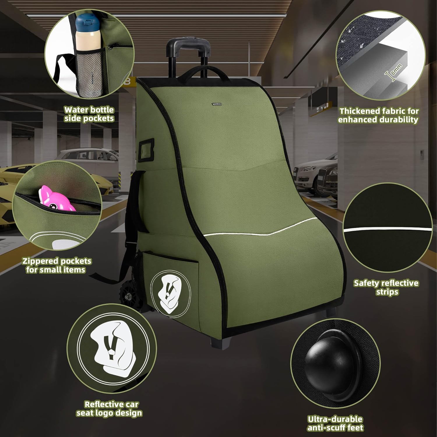 Car Seat Travel Bag with Wheels for Airplane, Waterproof Padded Car Seat Carrier Backpack for Airport, Fits Infant & Convertible Seats，Green