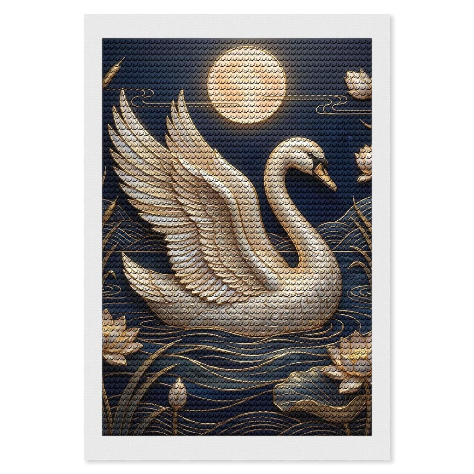 Junmoney Golden Swan with Moon and Lotuses Diamond Painting Kit 8"x12", Adhesive Canvas, Home Wall Decor, for Beginners, Birthday Gift, Full Kit Included