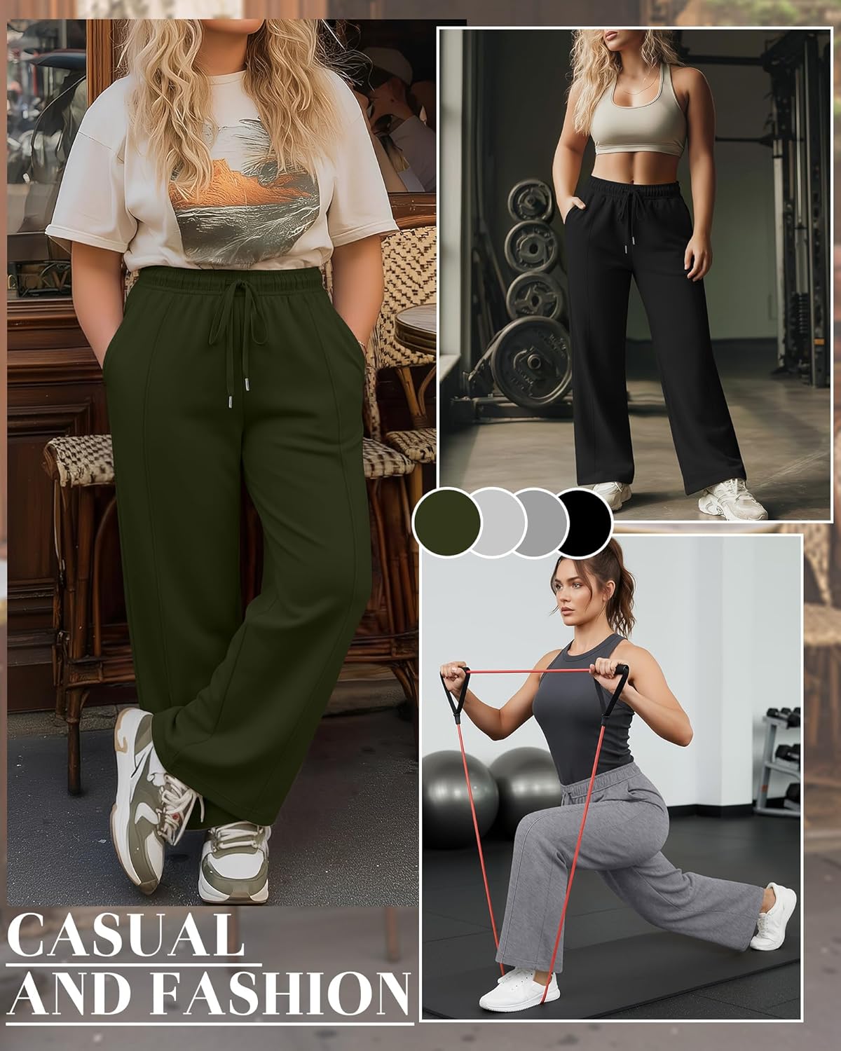 4 Pack Women's Plus Size Wide Leg Lounge Pants High Waisted Drawstring Sweatpants Elastic Casual Pants with Pockets - Image 4