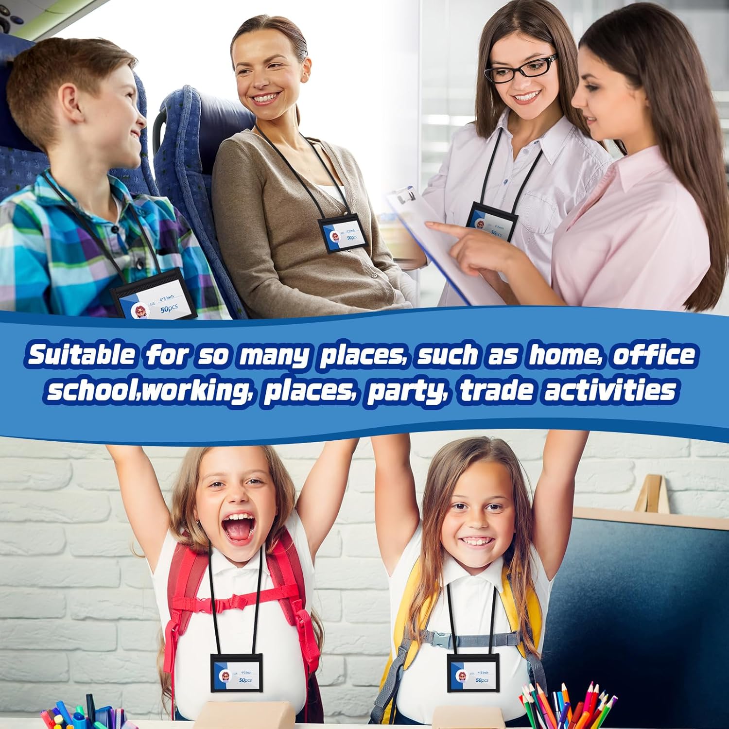 Tenceur 50 Pcs 4 x 3'' Neck Badge Holder with Adjustable Lanyard and Clear Window Polyester Name Badge Organizer with 3 Pockets Horizontal Zipper Pouch Vaccination Card Protector (Black)