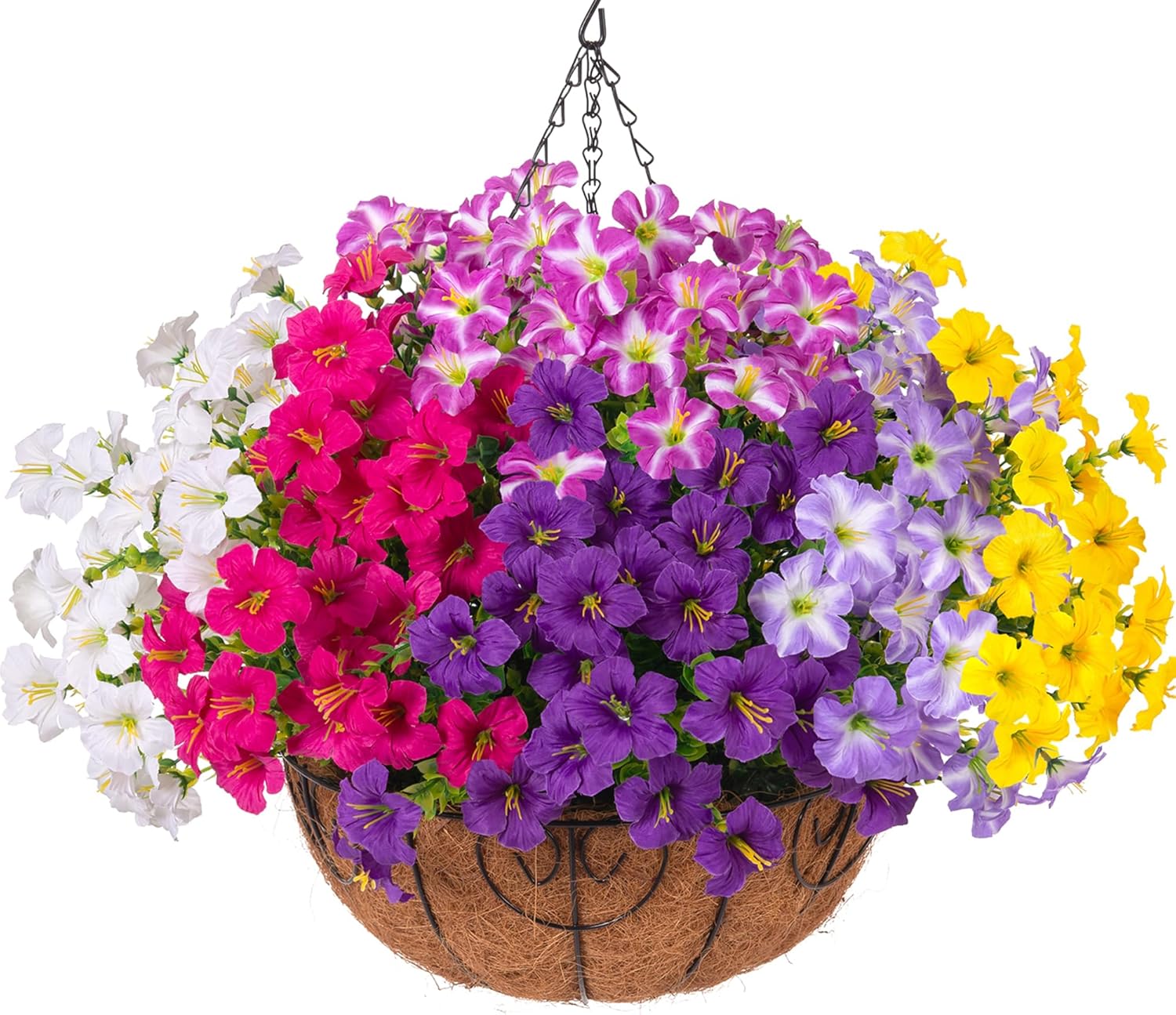 INSPRING Artificial Fake Hanging Plants Flowers Basket Outdoor Spring Decor, UV Resistant Faux Hanging Silk Morning Glory in Planter Look Real Petunias for Outside Patio Porch Balcony Garden, 6Mix
