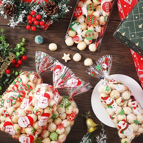Miniatura 4 de Pasimy 100 bolsas de regalo de celofán de Navidad con lazos, bolsa de regalo de plástico transparente a granel, bolsas de regalo de celofán de Papá