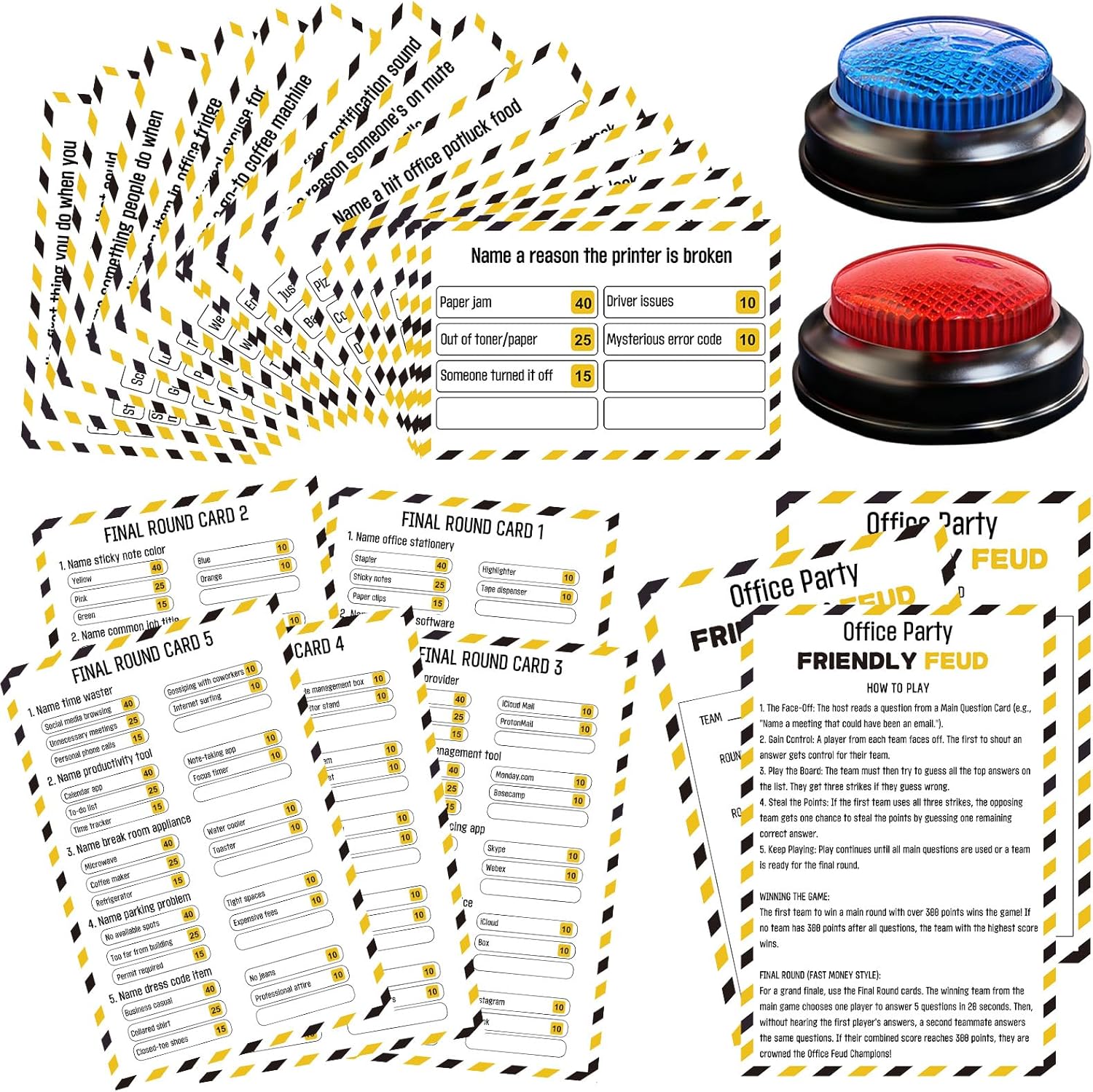 Office Party Friendly Feud Game with 2 Answer Buzzers, Team Building Feud Cards for Family Game Night Fun Trivia Quiz for Work Staff Coworkers Company Groups Holiday Gathering
