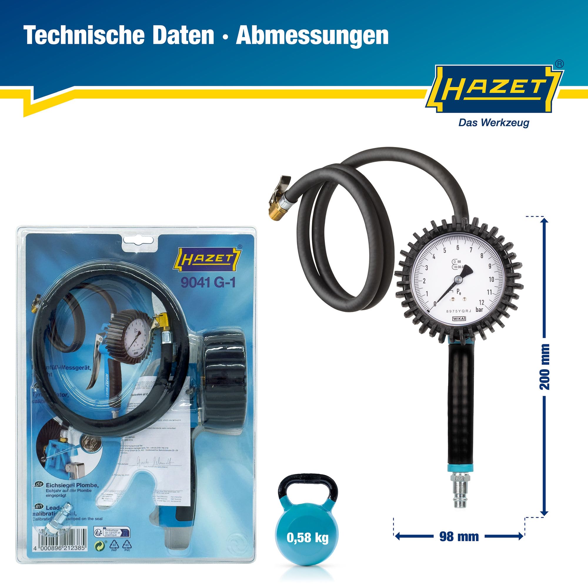 Hazet 9041G-1 Reifenfüll Messgerät, Geeicht, Ablesbar, Manometer Messbereich, 0 bis 10 Bar, Schlauchlänge, 1000 Mm, Durchmesser, 80 Mm, 1 Count