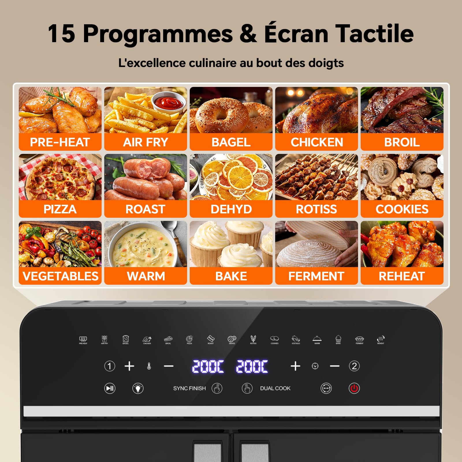 23L Friteuse à Air Chaud Familles, Mini Forno Cuisson Zone 1/2, Temp Sép | Portes Français 15-en-1 Fenêtre de Visualisation Lumière Intégrée, Grande Fritteuse Sans Huile Famille, 200℃/2600W Air Fryer