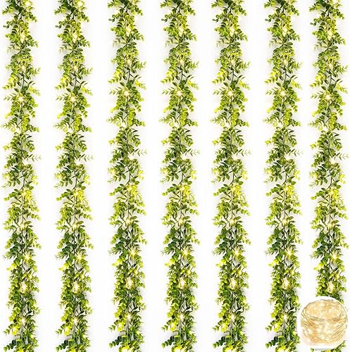 BLEUM CADE Paquete de 7 guirnaldas de eucalipto con luces, 5.9 piesunidad, guirnalda de vid de eucalipto falsa colgante para decoración de boda,