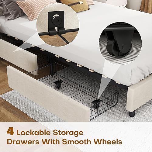 Miniatura 5 de Base de cama tapizada tamaño Queen con 4 cajones de almacenamiento, cabecera capitonada con botones de diamante, marco de metal resistente, no
