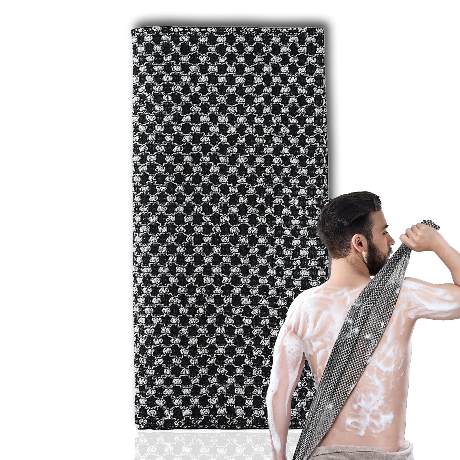 XIANZANDER Japanese Exfoliating Towel,Extra Long Exfoliating Washcloth,Exfoliating Body Scrubber,for Men Women Exfoliation,Body Scrubbing Brush Loofah Exfoliator 1 Pcs (3D Black Grid/1PCS)