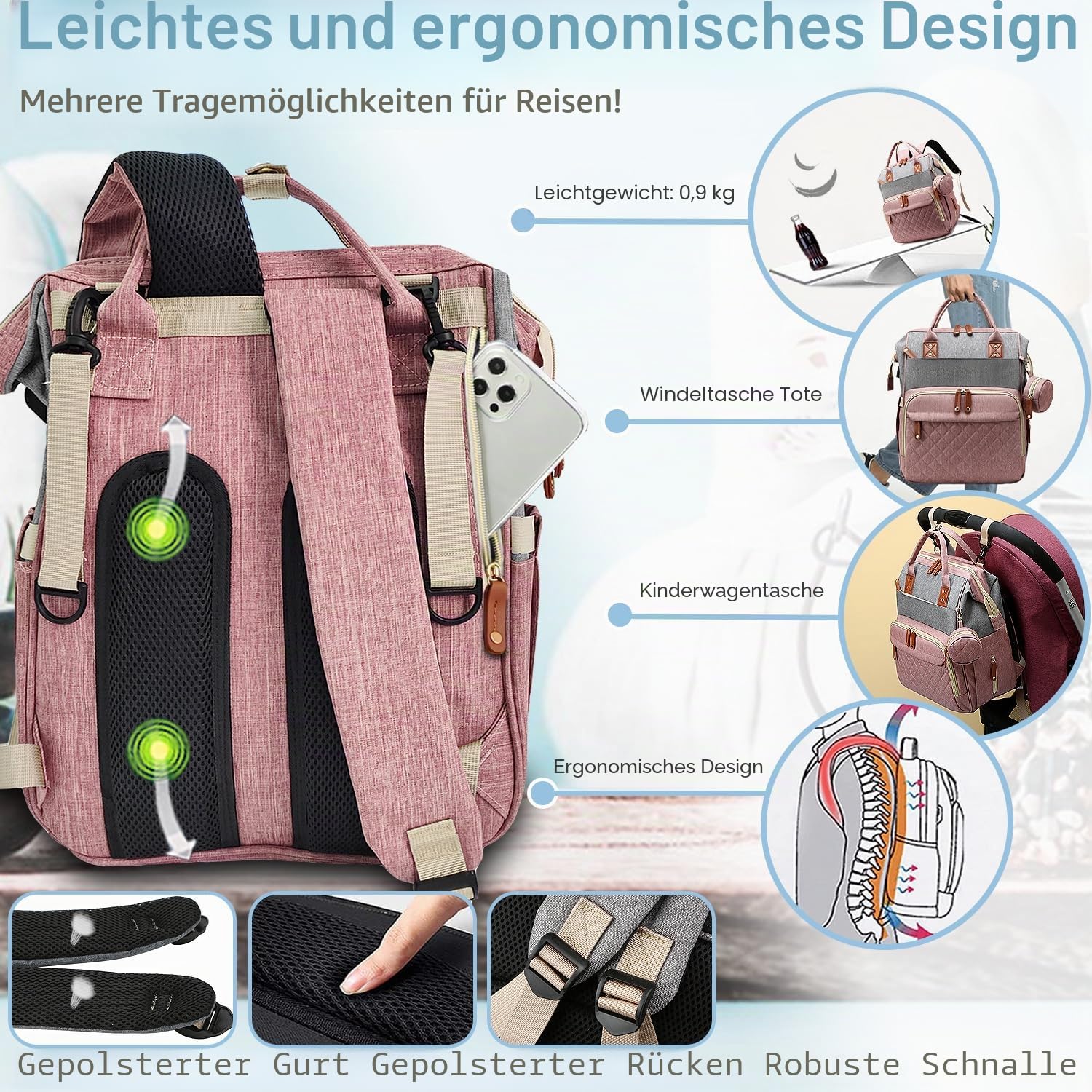 SHITIESHOU Wickeltasche Rucksack Baby Rucksack für Papa Mama mit Polsterung 16 Taschen