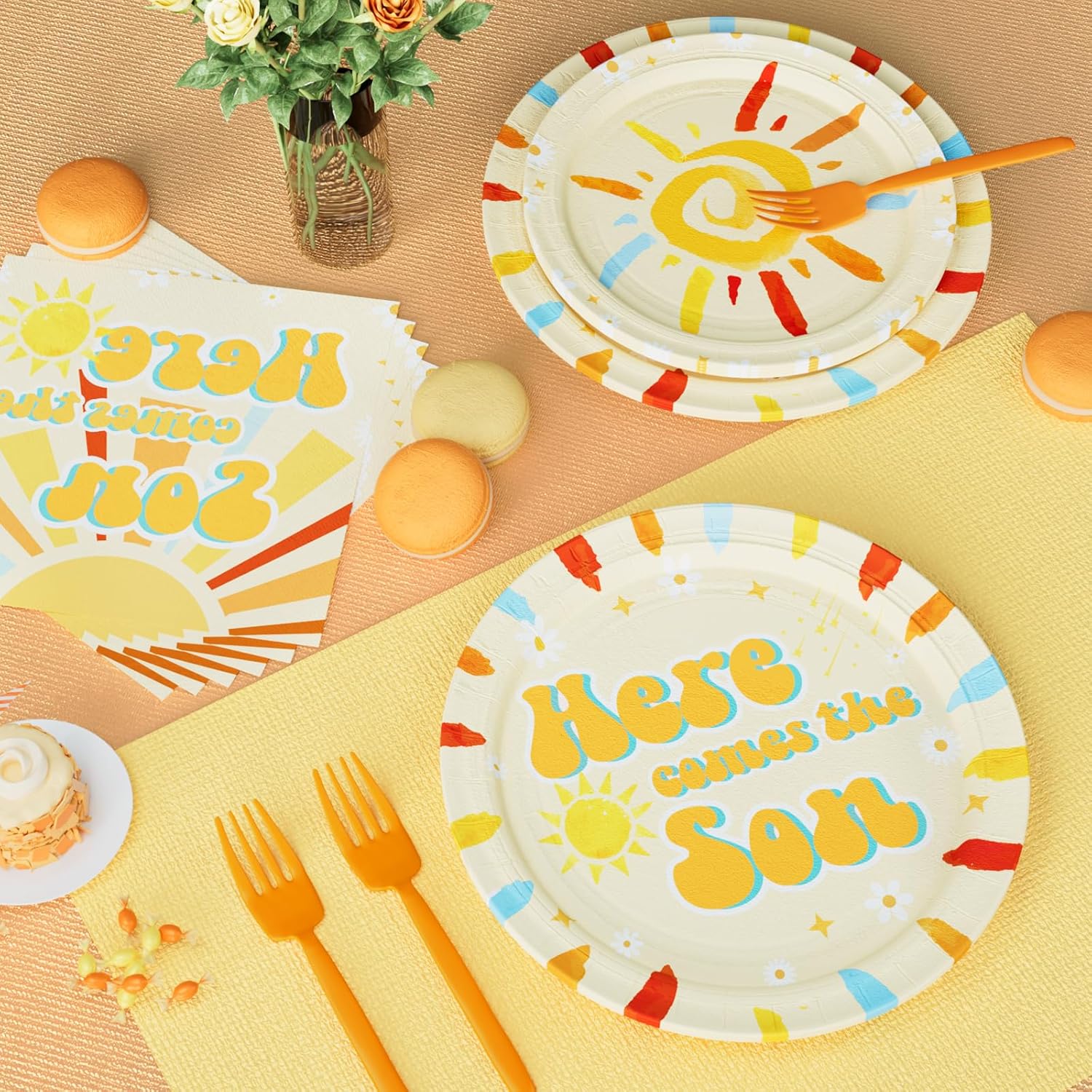 Here Comes the Son Baby Shower Tableware décor Set with Plates, Napkins, Forks, Sunshine Baby Shower Party Supplies Decorations for Boy, Retro Boho Sun Themed Disposable Tableware, 24 Guests - Image 5