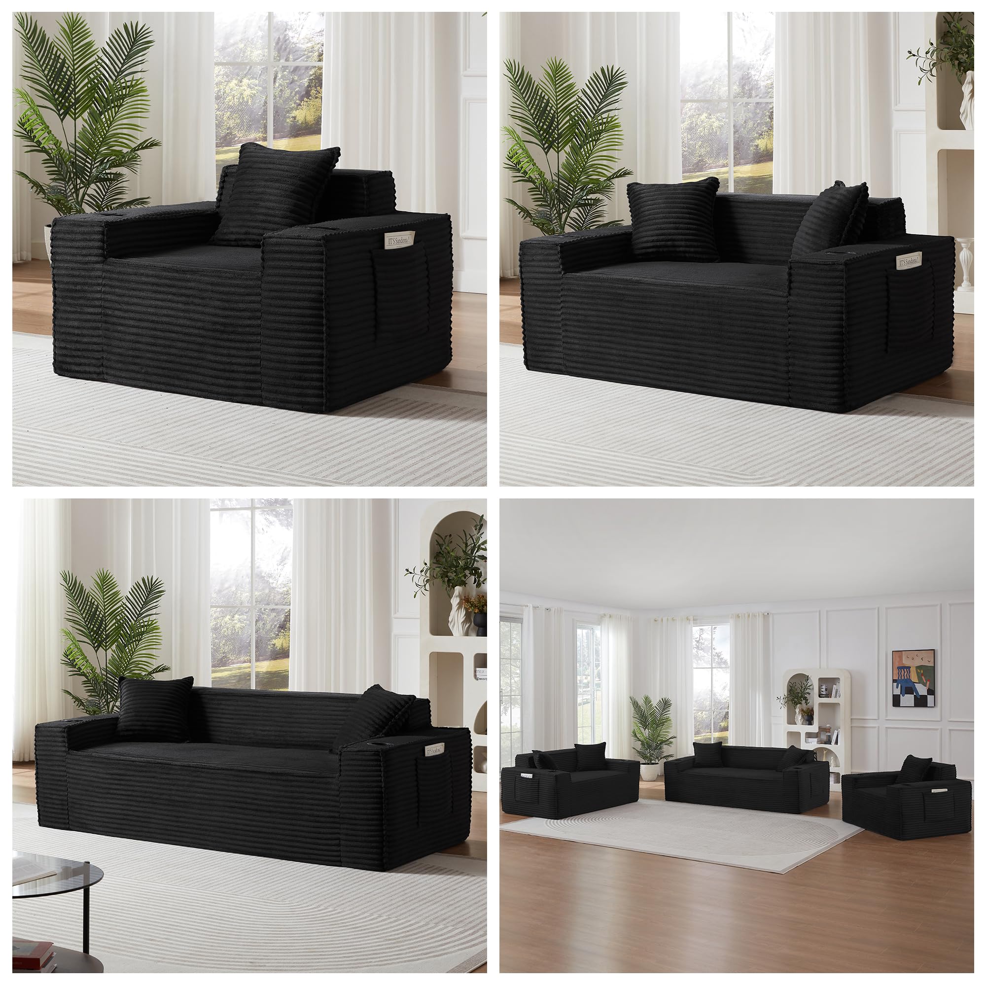 XOCN Boneless Sectional Sofa 3 Piece Set with Cup Holders & Side Pockets, Modern — product photo