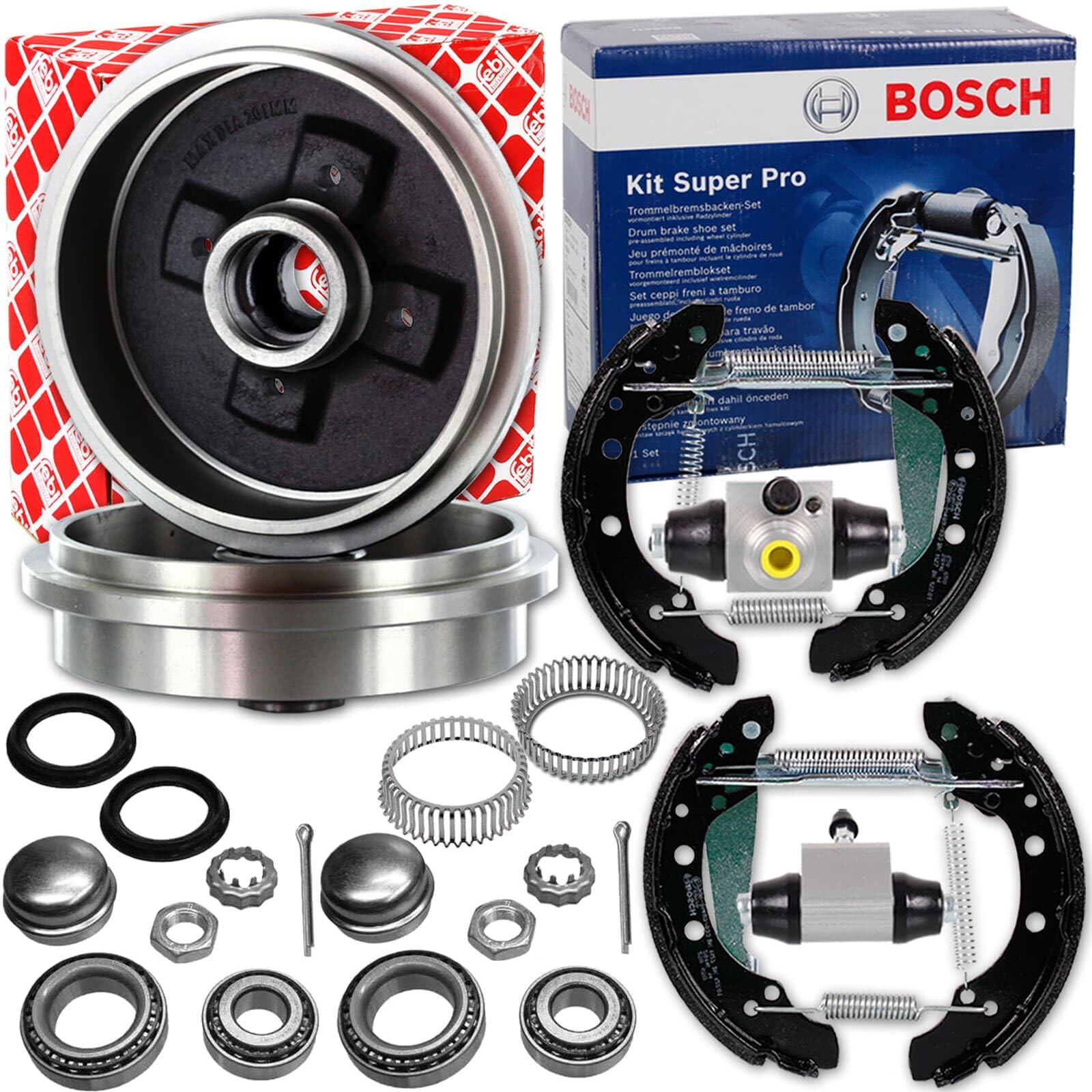 Febi Bremstrommel 200mm Backen Satz | 14060 + 0204114546 + 759904 V10-1486 passend für Golf 2+3 Polo 6N Vento
