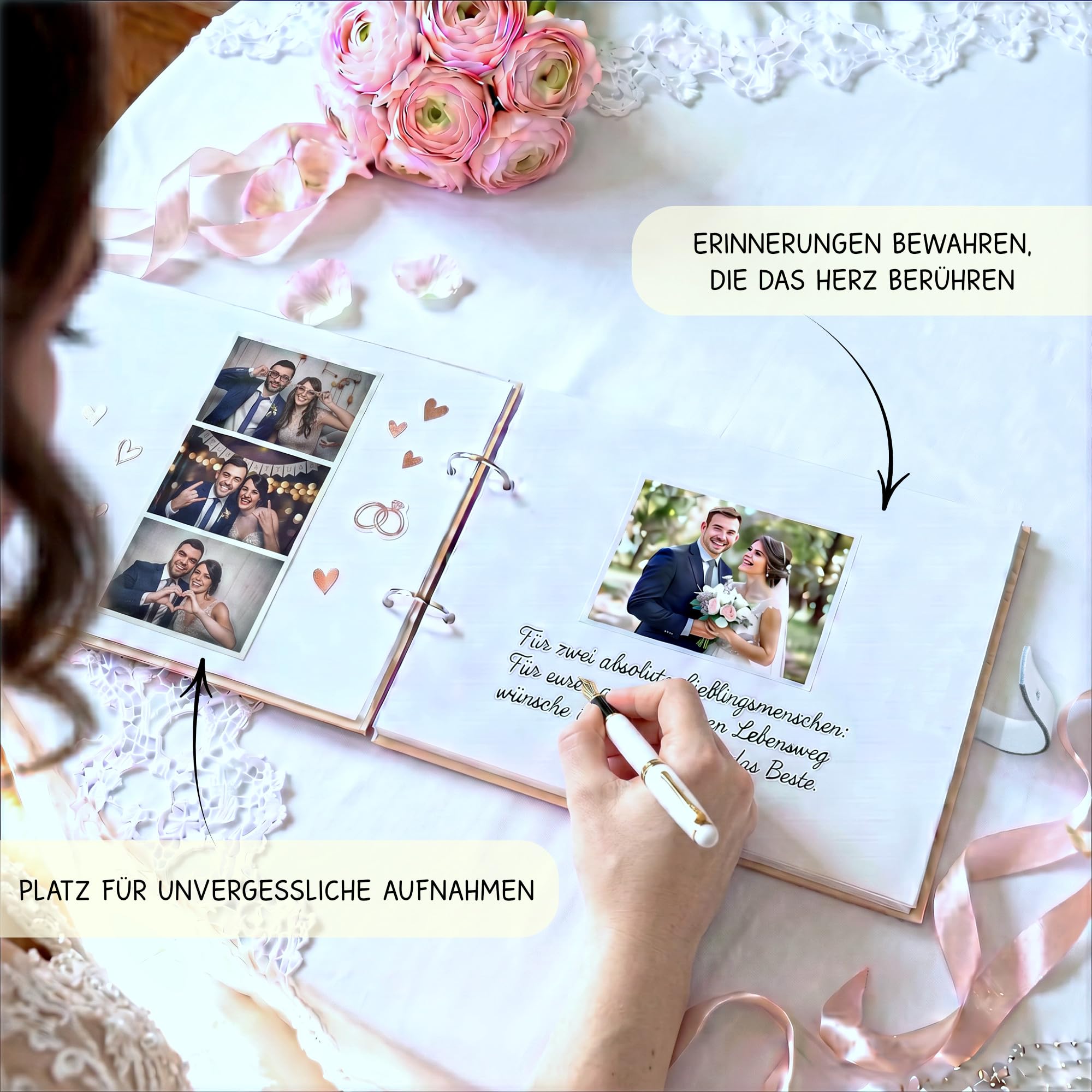 Großes Hochzeitsgästebuch aus Holz mit personalisierter Gravur & Lederverschluss - Edles DIN A4 Hochzeitsbuch mit 100 Seiten | handgearbeitet mit Lederverschluss