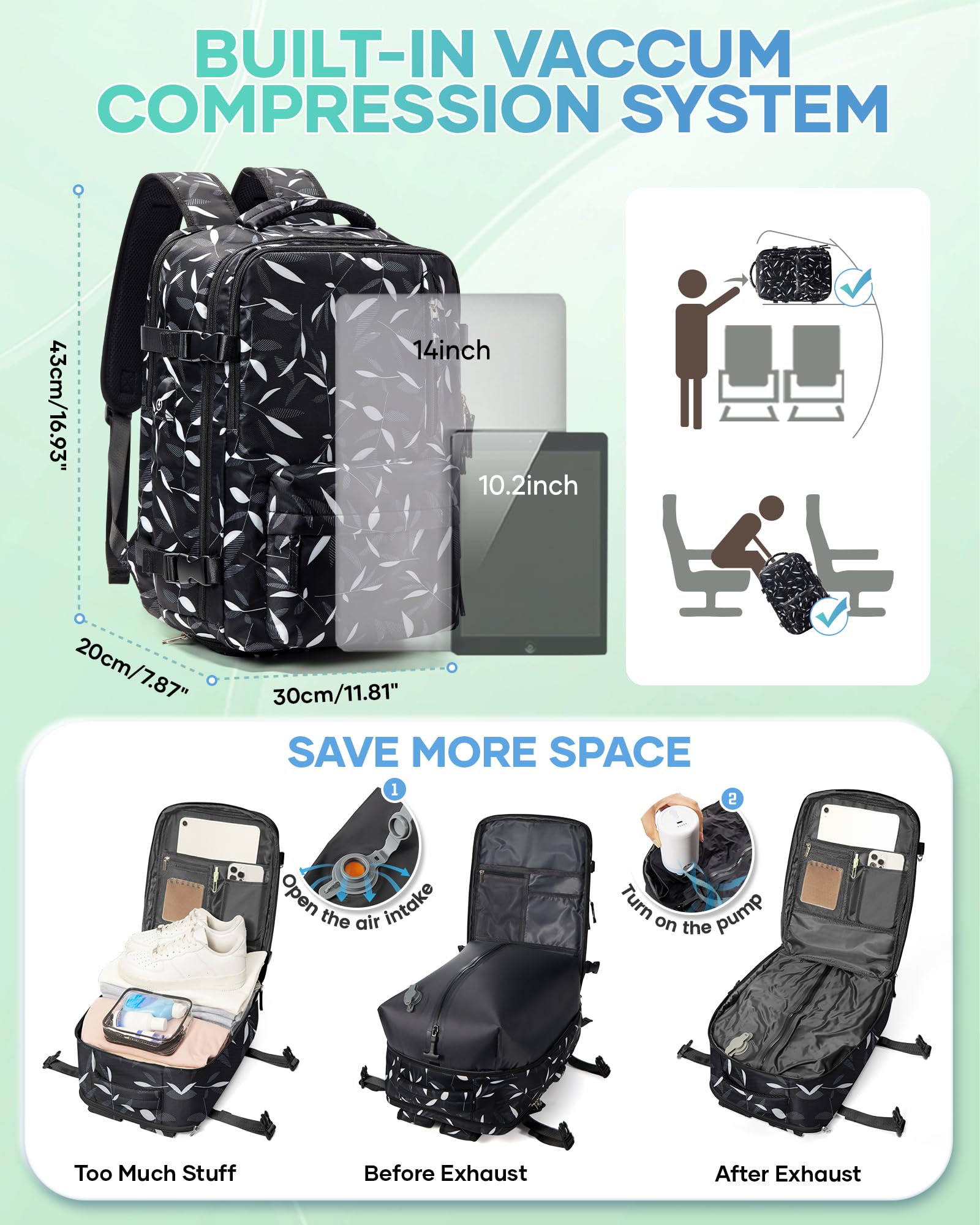 SZLX Zaino Ryanair 40x30x20 Sottovuoto Bagaglio a Mano 40x20x25 Donna Zaino da Viaggio 40x30x20 Wizzair Borse da Cabina per Easyjet 45x36x20 Uomo per Laptop 14 Pollici con Porta USB e Porta Scarpe