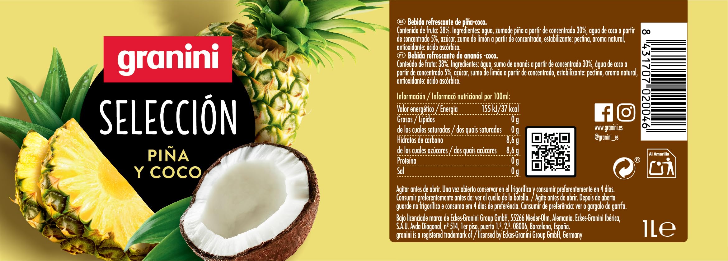 Granini Bebida a base de zumo de Piña y Coco Pack 6 x 1 Litro- PET