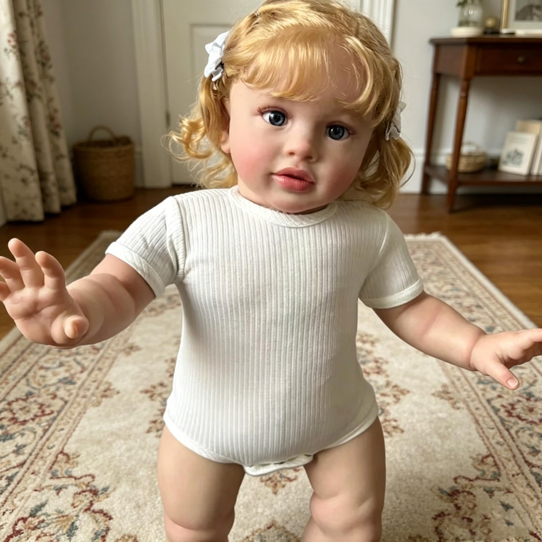 66CM Große Größe Silikon Reborn-Kleinkindpuppen Mädchen Stoffkörper Pippa lebensecht Neugeborenen-Puppe 26 Zoll,Realistische Vinyl Reborn-Babypuppen mit Blondes Haar Spielzeugset