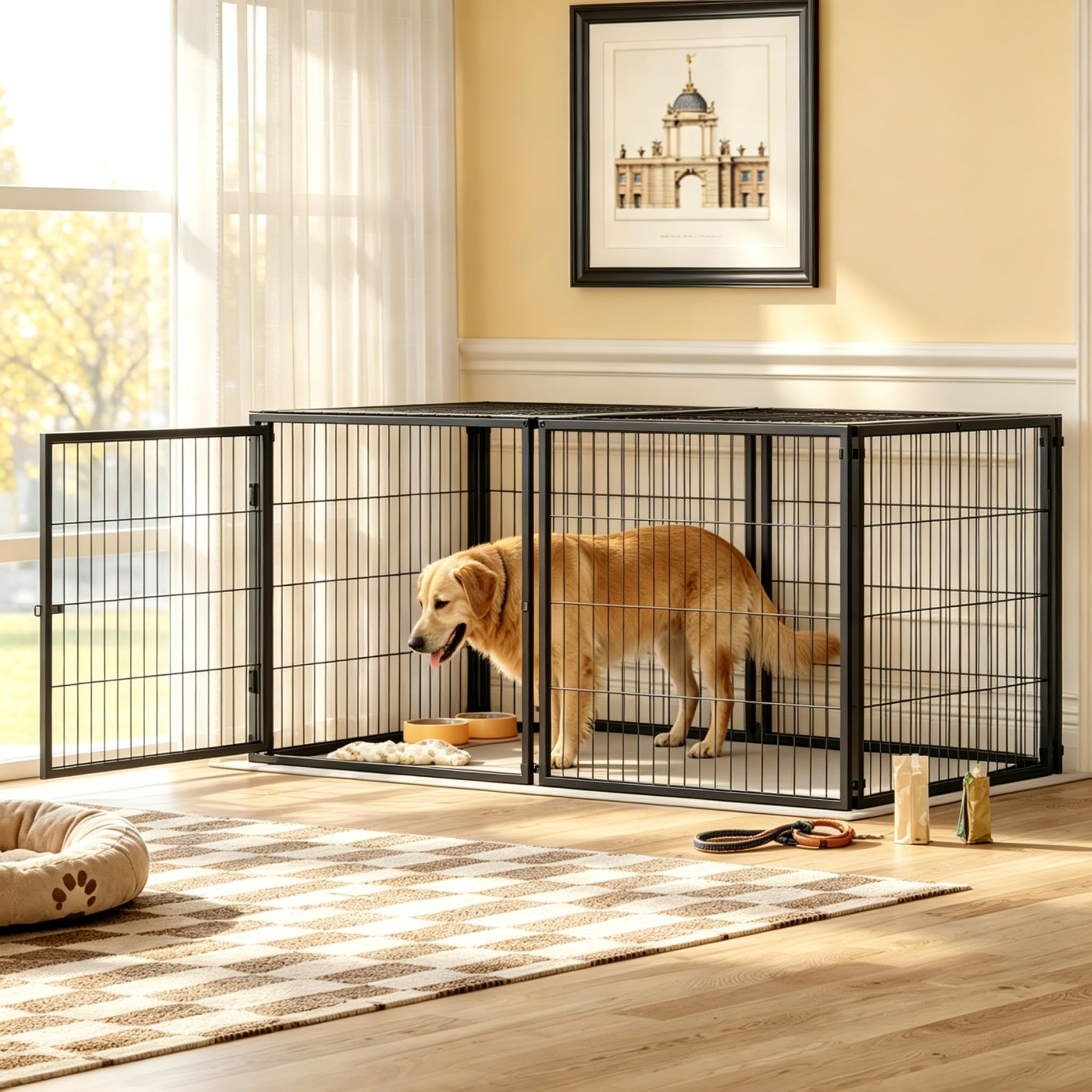 Modulare Hundebox Für Zuhause Und Reise, Hundegehege Mit Sicherheitsdeckel Und Verstellbarem Zugang, Stahlkonstruktion Mit Rostschutz, PVC-Bodenmatte Für Kleine Bis Große Hunde (160x80x80cm)