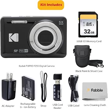 KODAK PIXPRO FZ55 16MP Digital Point & Shoot Camera, 5X Optical Zoom, 28mm Wide Angle, 1080P Full HD Video, Bundle with 32GB SD Card, Protective Case, and Hi-Speed Card Reader (Black)