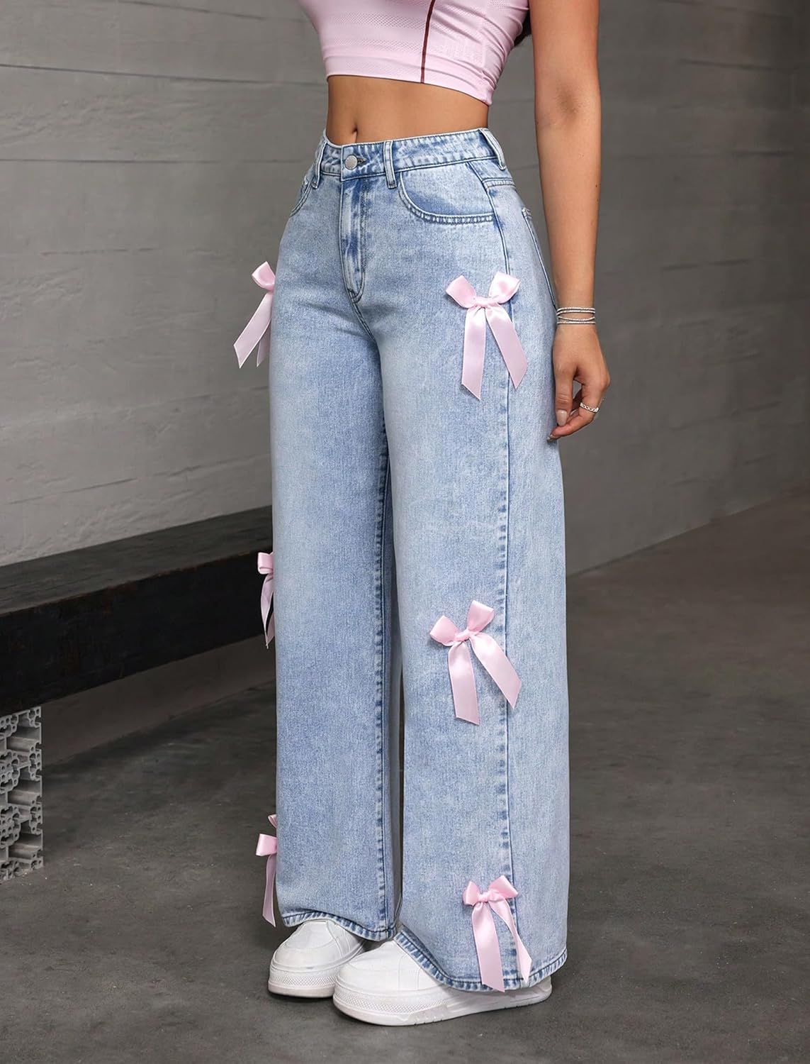 Women Wide Leg Baggy Jeans High Waisted Bowknot Embroidery Denim Pants Straight Leg Boyfriend Trendy Streetwear - Image 5