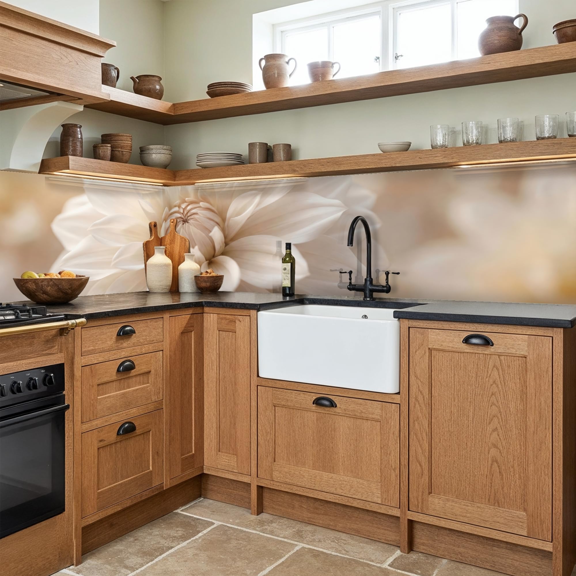 KitchenYeah© Antisalpicaduras Cocina 80x400 cm Adhesivo Salpicadero Protector Salpicaduras Kitchen Flor - Dalia - Blanco