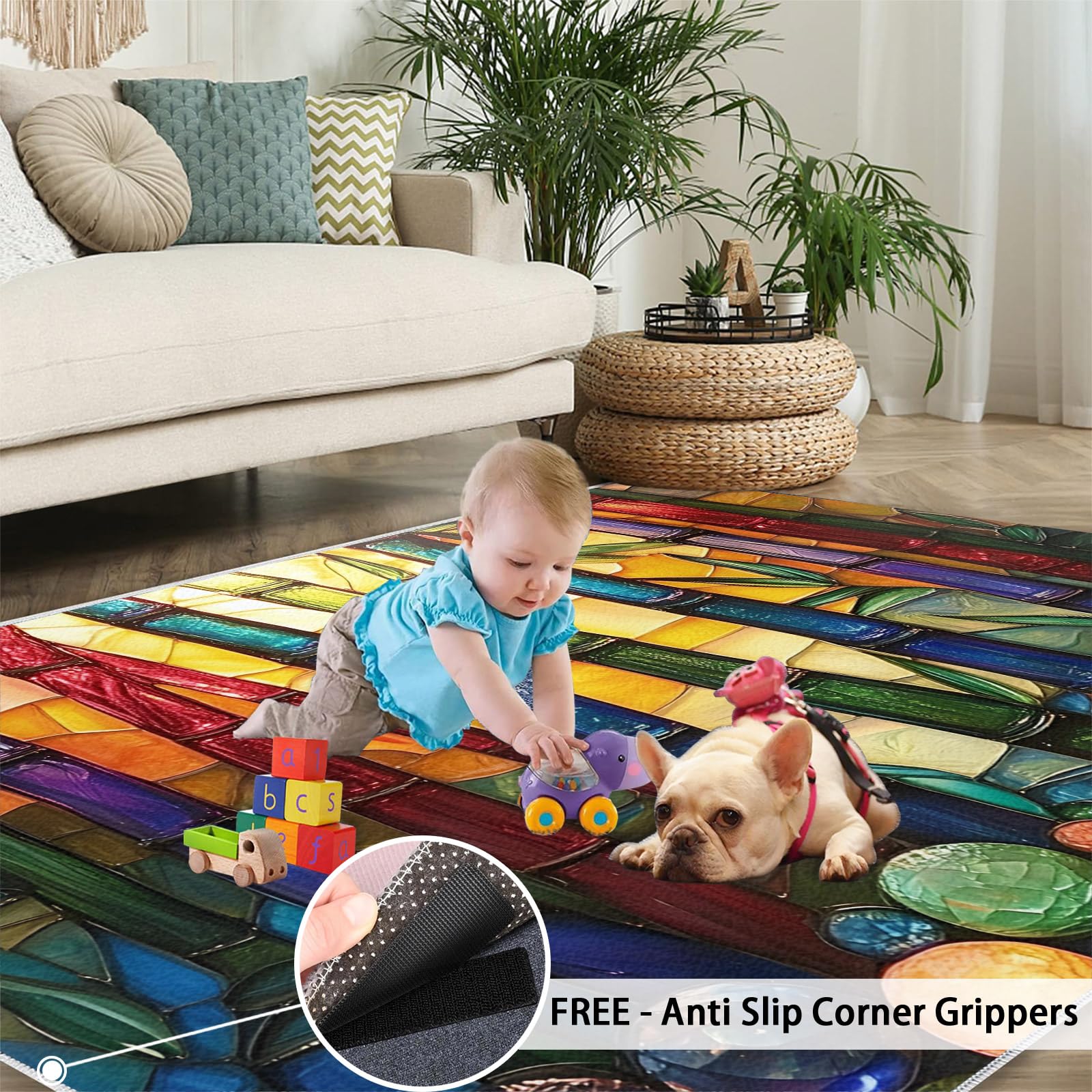 Tapis Abstrait pour entrée, Tapis en Bambou teinté 80 x 150 cm, Tapis Moderne géométrique Lavable et antidérapant pour décoration d'intérieur