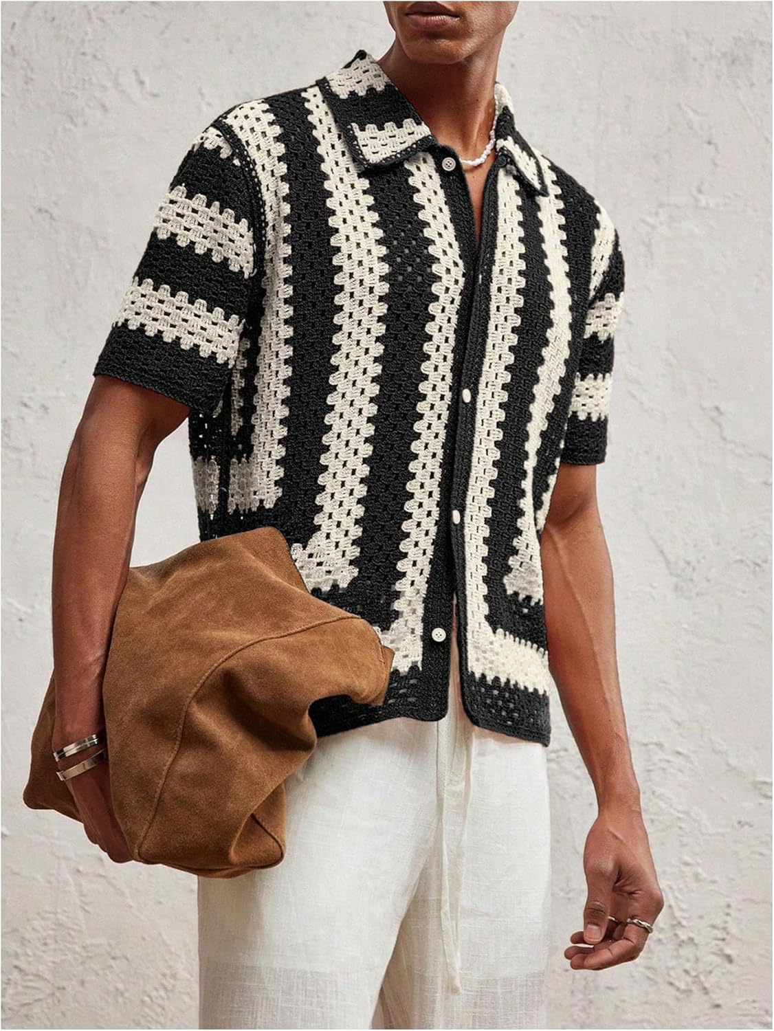 Men's Striped Knit Shirts Short Sleeve Button Down Shirt Crochet Hollow Out Summer Beach Top Vintage Vacation Wear - Image 4