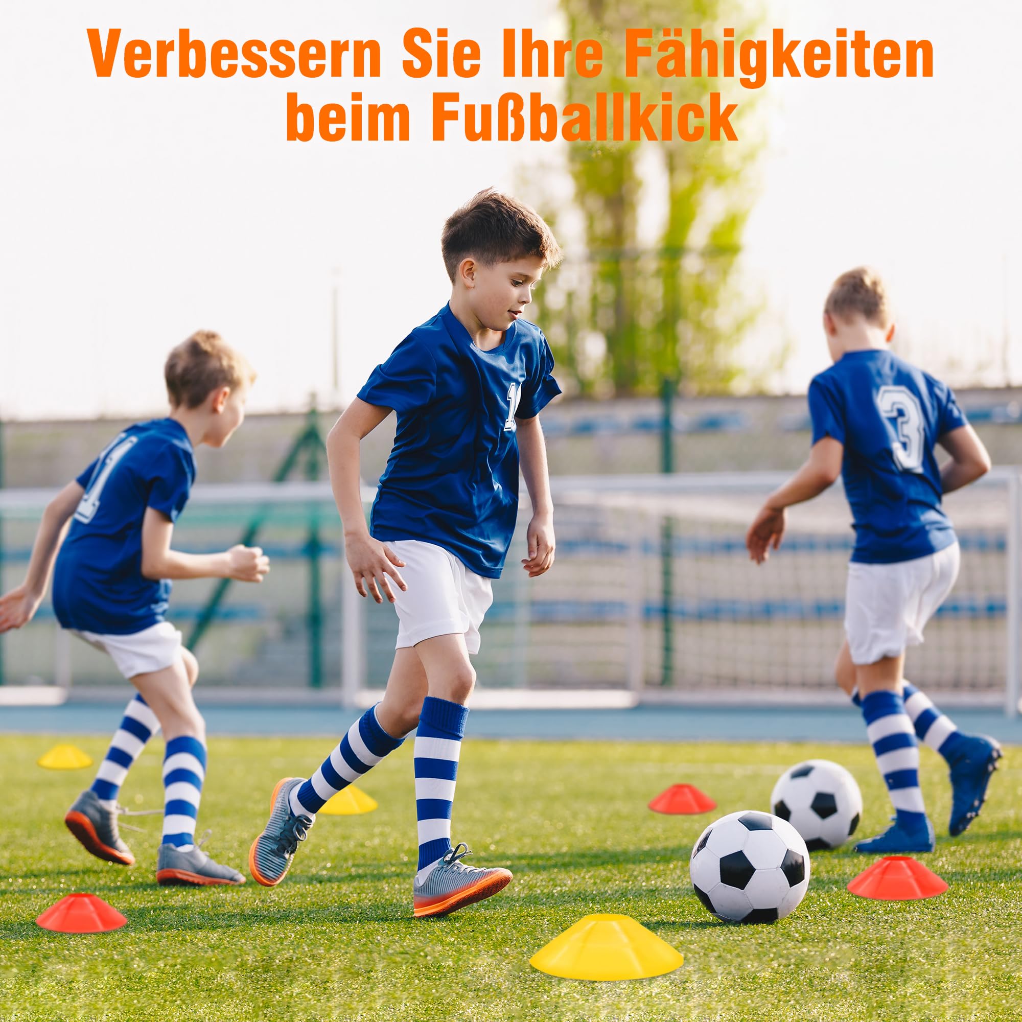Juego de portería de fútbol infantil con 5 agujeros de tiro y 3 dianas – Portería de fútbol plegable de 120 x 90 cm + 6 obstáculos de entrenamiento para jardín/exterior, incluye bolsa de