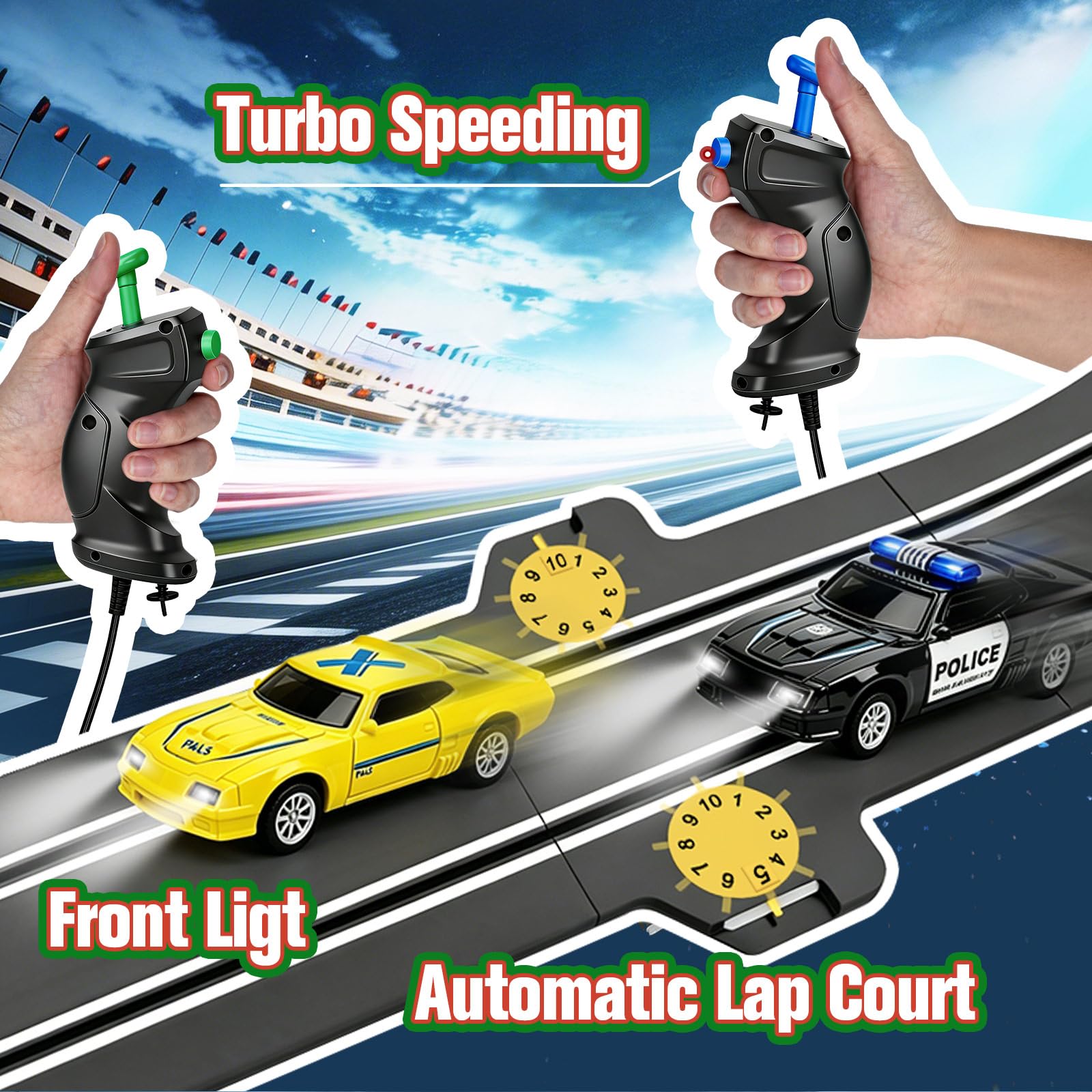 Autorennbahn, Kabellose Rennbahn Spielzeug mit 4 Slotcars, Doppelspur Rennstrecke & 2 Handreglern, Interaktives Familienspielzeug Geschenk für Kinder - 04
