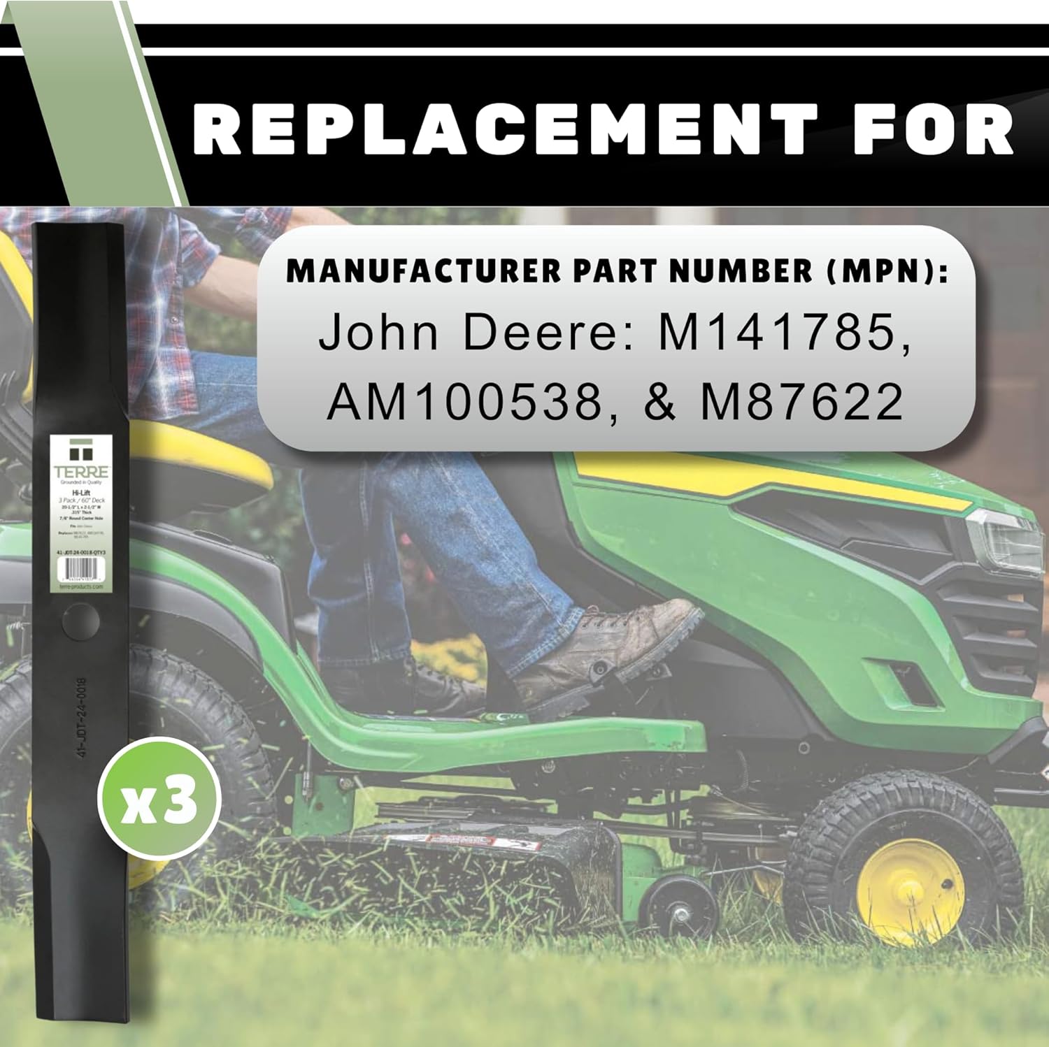 Terre Products, 3 Pack High Lift Lawn Mower Blades, 60 Inch Decks, Compatible with John Deere 160, 260, 400, 420, 430, 655, 755, 855, 4010, and More, Replacement for AM100538, M141785, M87622