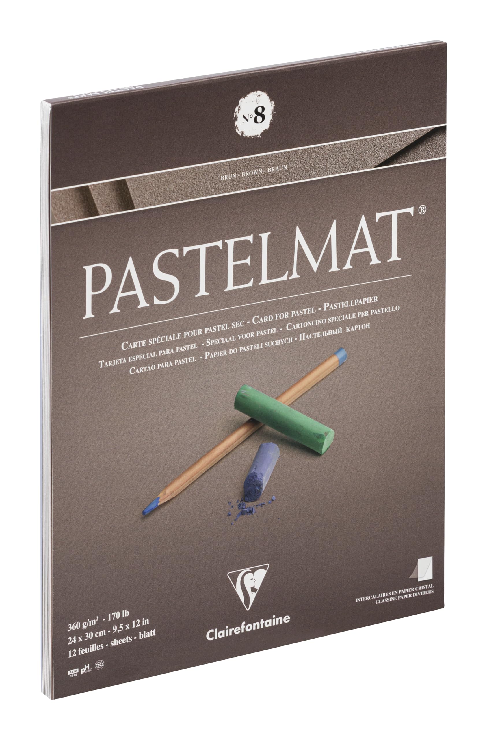 Clairefontaine 96014C Bloc Collé Pastelmat n°8-12 Feuilles Carte Spéciale pour Pastels Secs - 24x30 cm 360g - Brun - Intercalaires en Papier Cristal