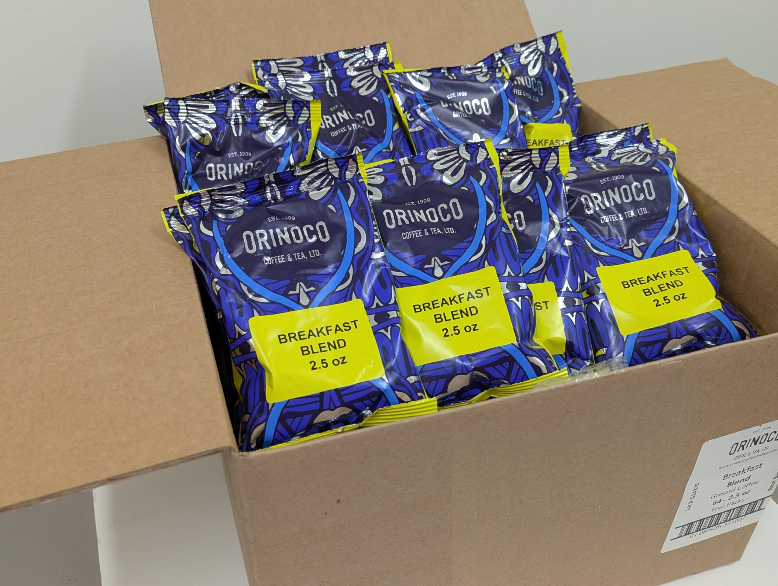 Orinoco Coffee Packets, Pre Ground Coffee Packs, Breakfast Blend Medium Roast, Bulk Bags for Drip Coffee Makers (2.5 oz Bags, Pack of 64)