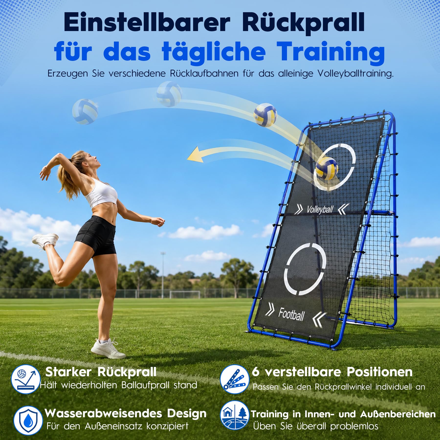 Volleyballnetz, 2,2 x 1,2 m, 6-Fach Verstellbarer Rebounder