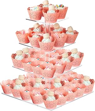 Boxalls Cupcake Stand, 4 Tier Square Acrylic Cupcake Display Stand Holder, Clear Dessert Pastry Tower for Wedding, Birthday, Theme Party, Baby Shower