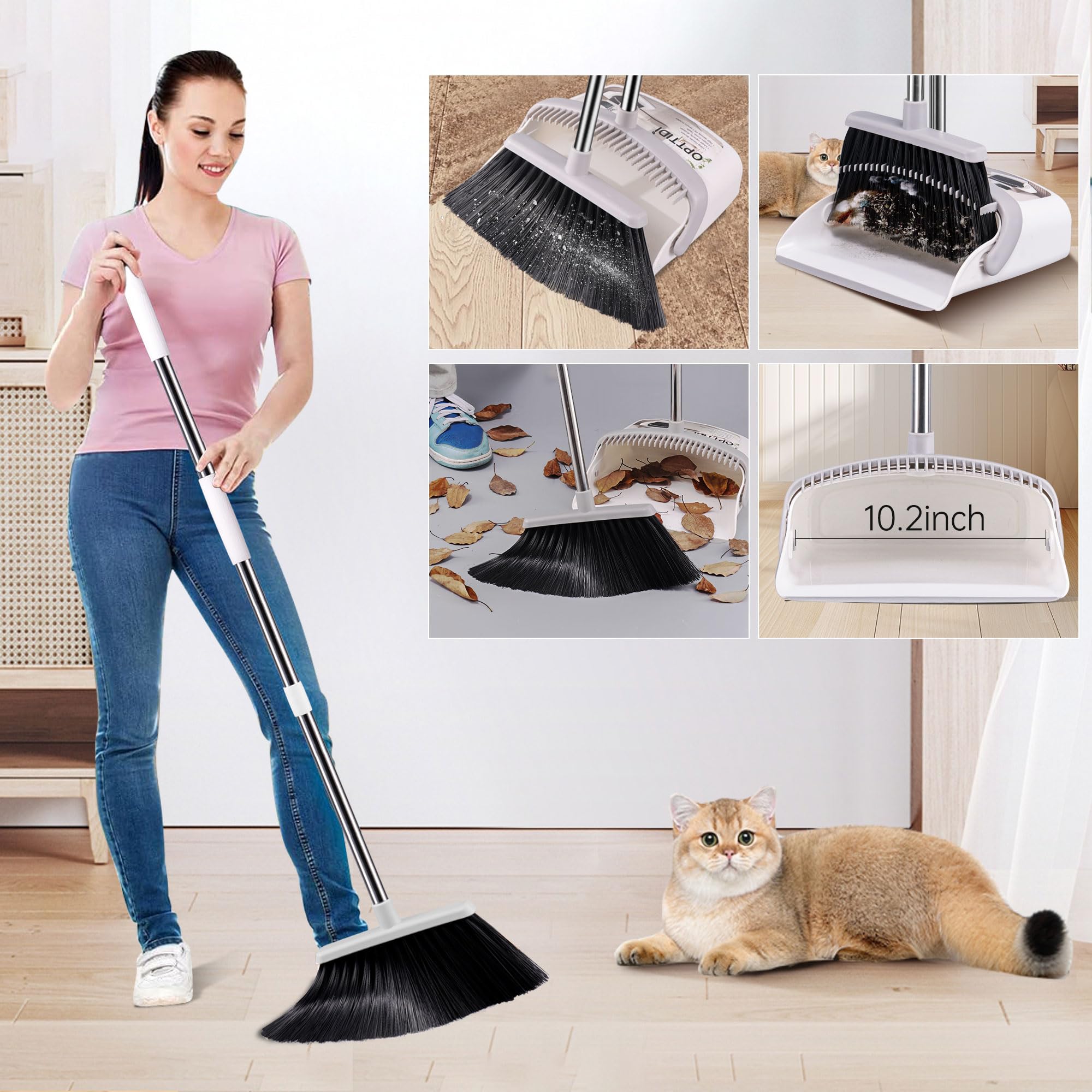 OPTTIDI Broom with Dustpan Combo Set, Hand Broom and Dustpan Set for Sweeping Indoor Angle Broom for Home Office Kitchen Lobby Floor Pet Hair Indoor&Outdoor Cleaning (White) 3