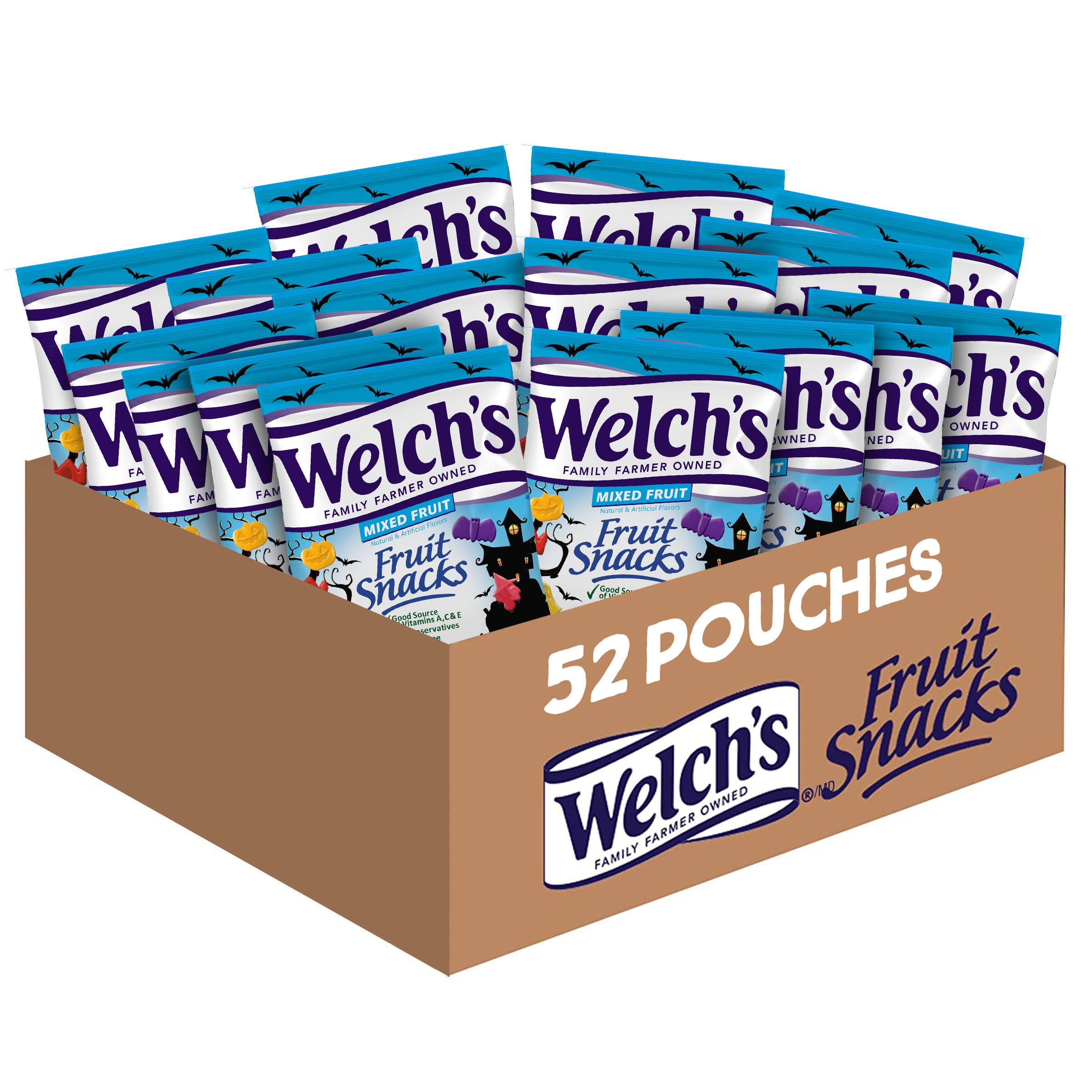 Welch's Fruit Snacks Halloween Shaped Mixed Fruit, Halloween Candy Bulk Pack, Gluten Free, 0.5 oz (Pack of 52)