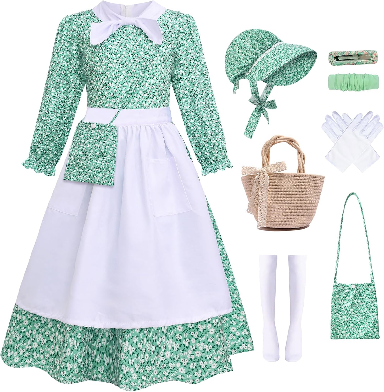 8 Pcs Pioneer Costume for Girls Floral Colonial Prairie Dress for Kids