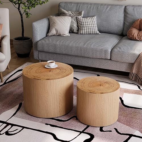 Juego de 2 mesas auxiliares anidadas, mesa auxiliar redonda moderna y mesa auxiliar, mesa auxiliar circular de madera natural para sala de estar,