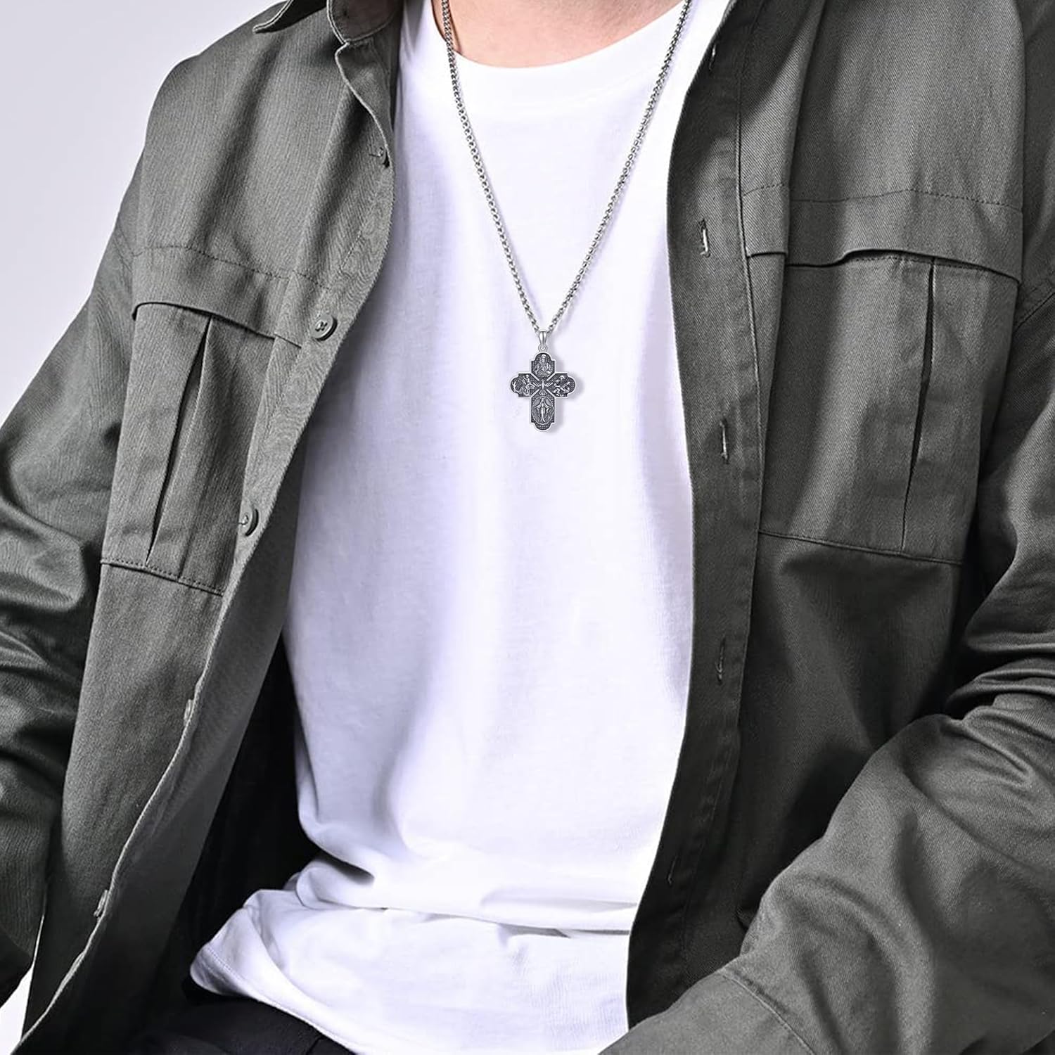 St Michael/Crucifix/Four Way Cross/Celtic Cross Necklace for Men Sterling Silver Obsidian Malachite Saint Necklace for Men Saint Michael Jewelry for Men - Image 2