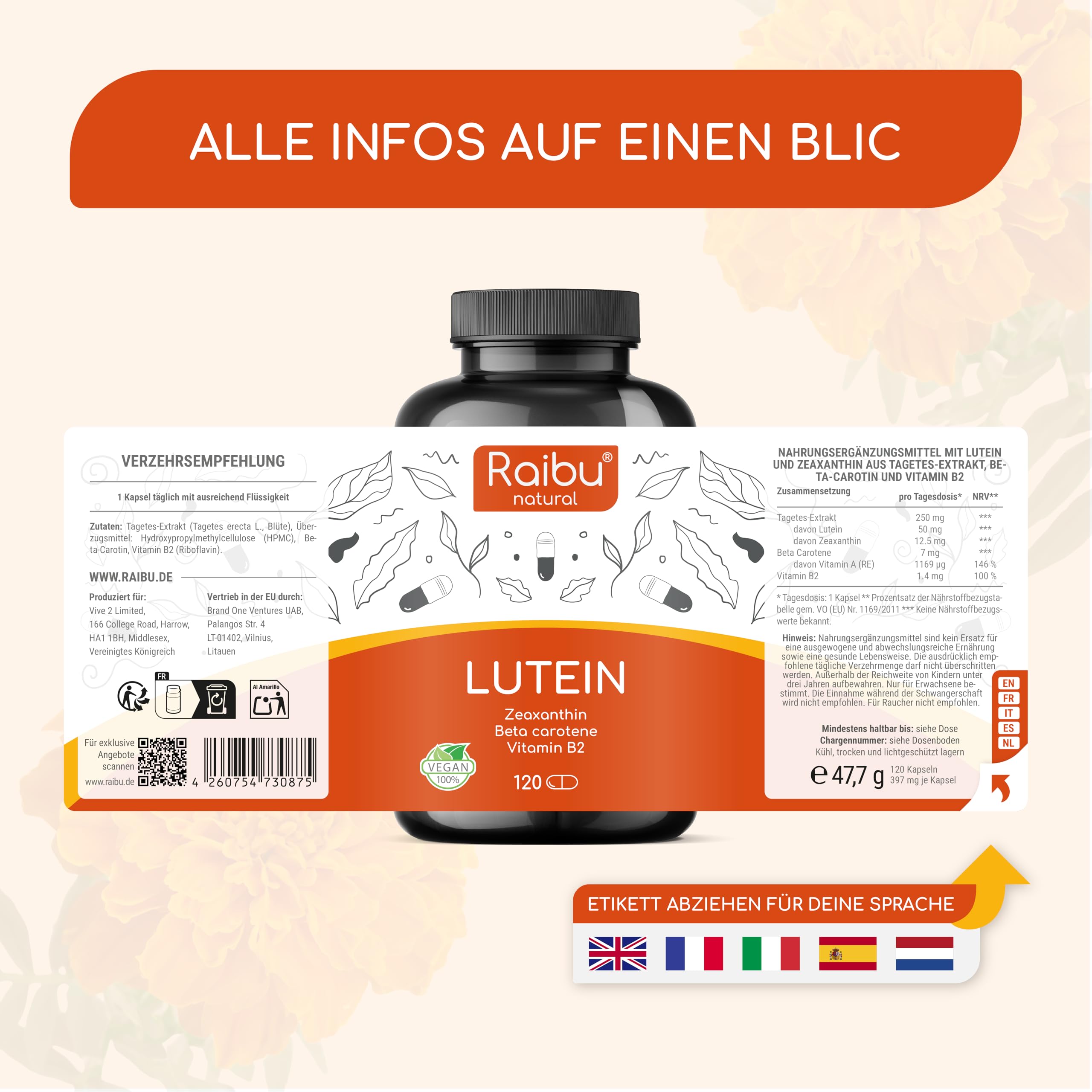 Lutein Zeaxanthin Kapseln, Augenvitamine hochdosiert - 50mg Lutein + 12,5mg Zeaxanthin - 4 Monatsvorrat Augen Kapseln - Mit Vitamin A & B2-1 Kapsel täglich - Vegan & natürlich